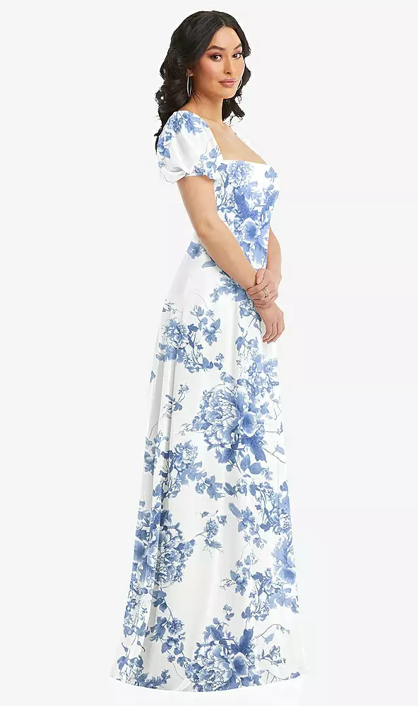 Puff sleeve chiffon maxi dress with front slit 