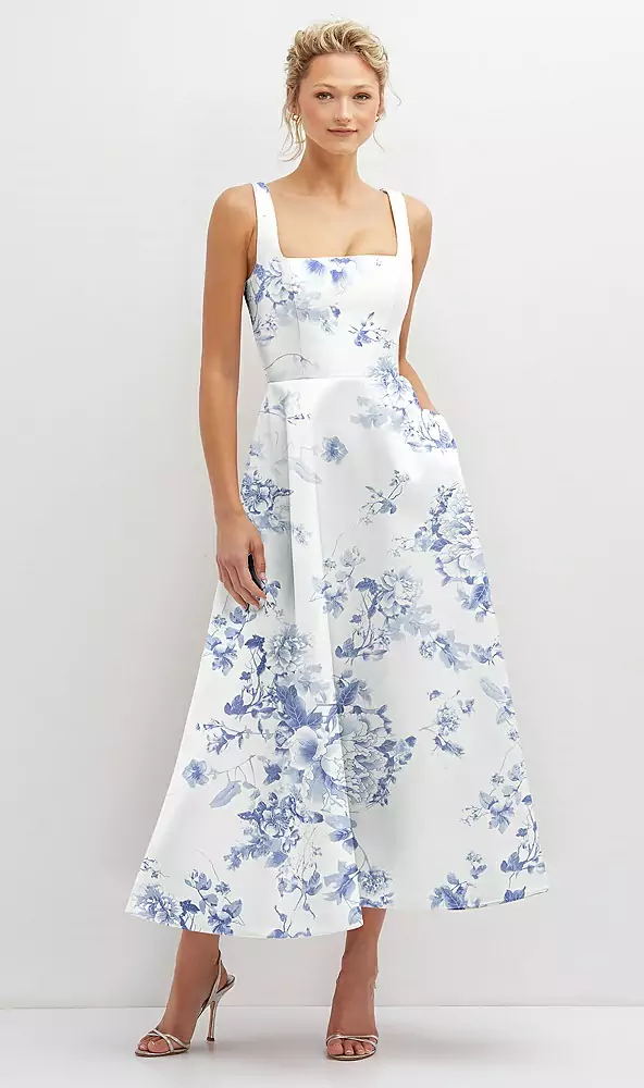 Floral square neck satin midi dress with full skirt & pockets