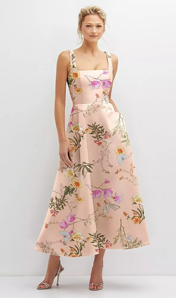 Floral square neck satin midi dress with full skirt & pockets 