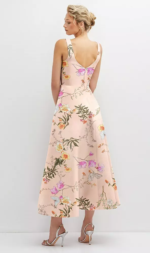 Floral square neck satin midi dress with full skirt & pockets 