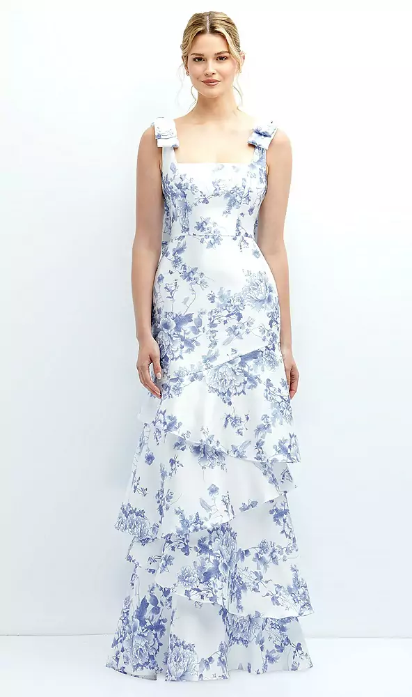 Loral bow-shoulder satin maxi dress with asymmetrical tiered skirt