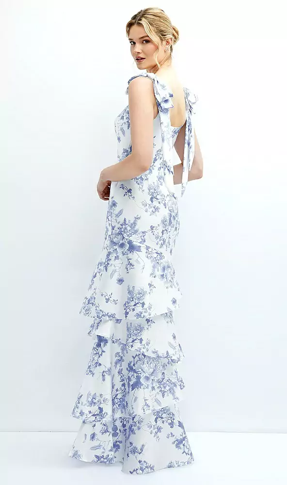 Loral bow-shoulder satin maxi dress with asymmetrical tiered skirt