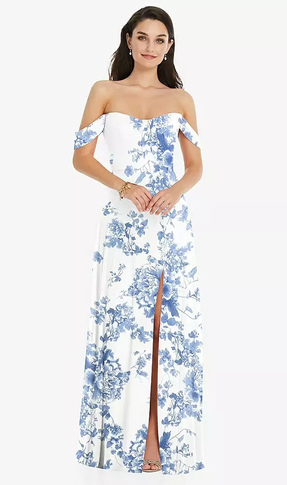 Off-the-shoulder Draped Sleeve Maxi Dress With Front Slit In Butterfly Botanica Ivory