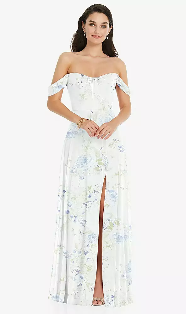 Off-the-shoulder Draped Sleeve Maxi Dress With Front Slit In Butterfly Botanica Ivory