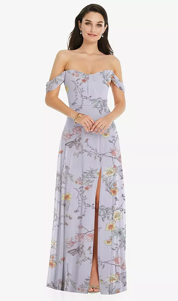 Off-the-shoulder Draped Sleeve Maxi Dress With Front Slit In Butterfly Botanica Ivory
