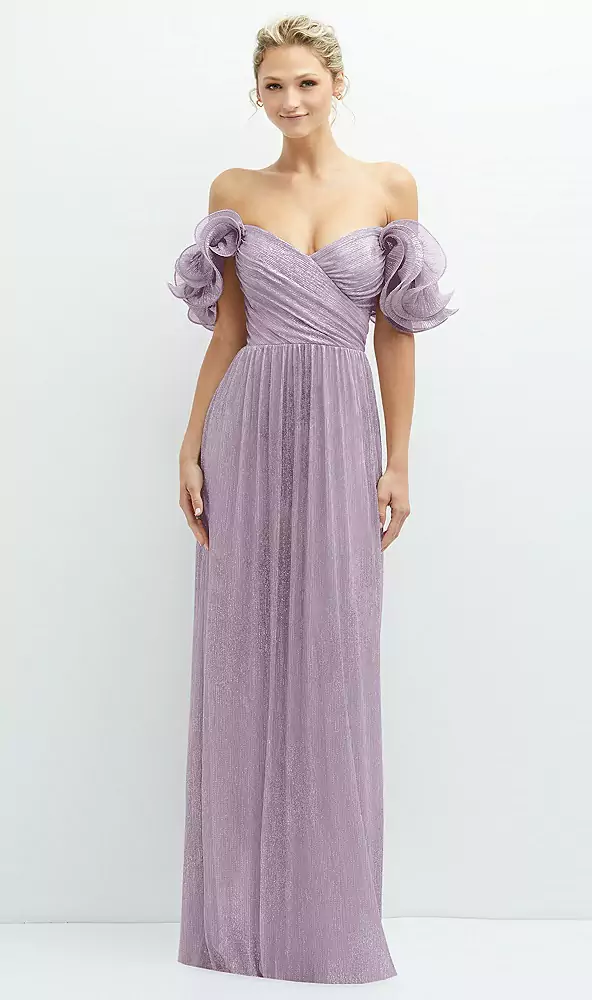 Dramatic ruffle edge convertible strap metallic pleated maxi dress in metallic lilac haze