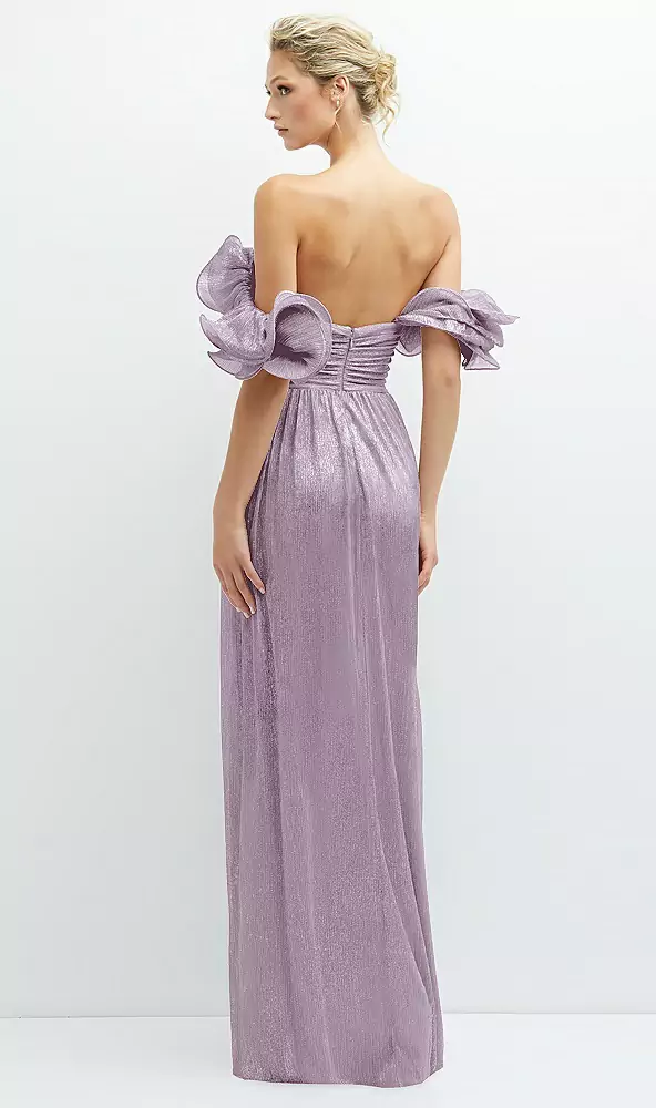 Dramatic ruffle edge convertible strap metallic pleated maxi dress in metallic lilac haze