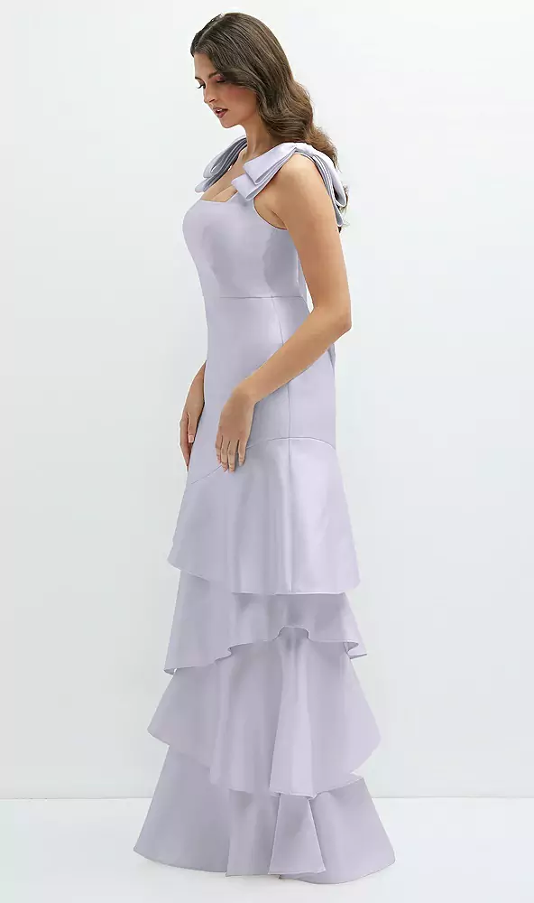 Bow-shoulder satin maxi dress with asymmetrical tiered skirt in silver dove