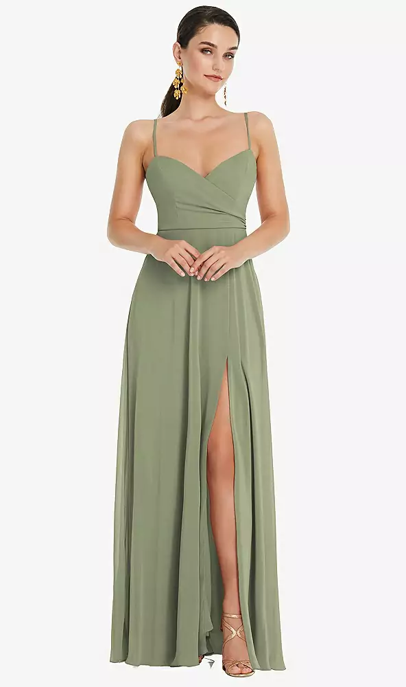 Adjustable strap wrap bodice maxi dress with front slit in sage