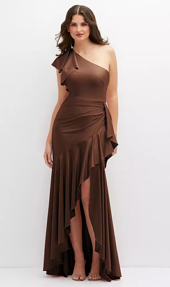 One-shoulder stretch satin mermaid dress with cascade ruffle flamenco skirt in cognac