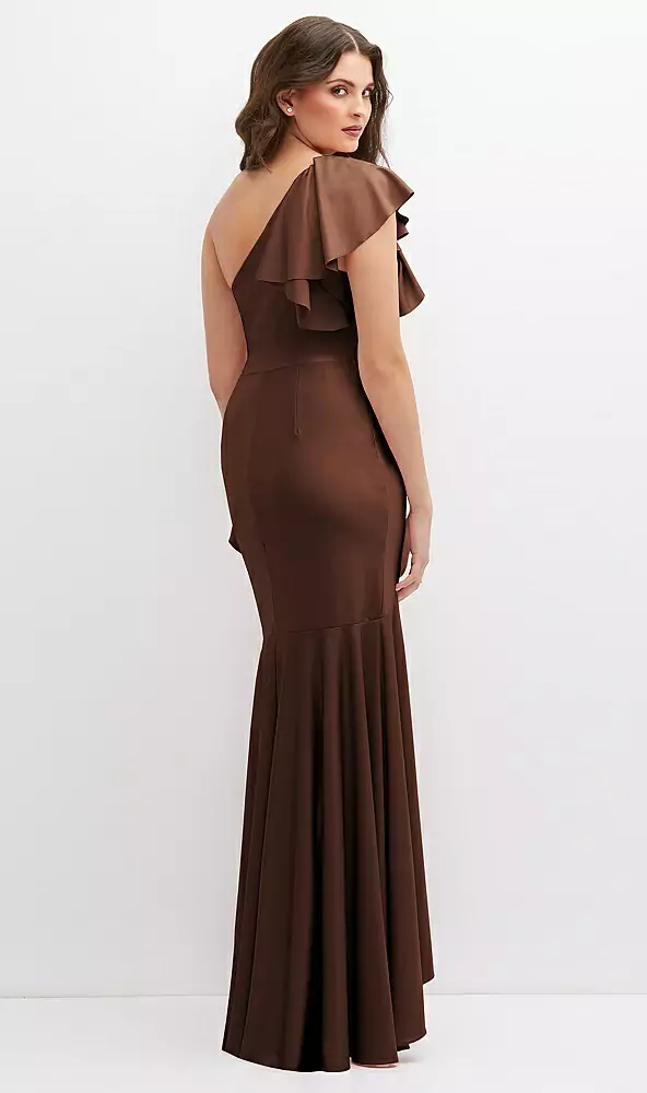 One-shoulder stretch satin mermaid dress with cascade ruffle flamenco skirt in cognac