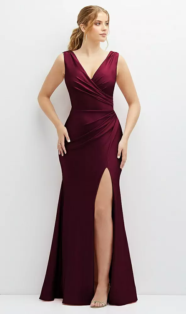 Draped wrap stretch satin mermaid dress with horsehair hem in cabernet