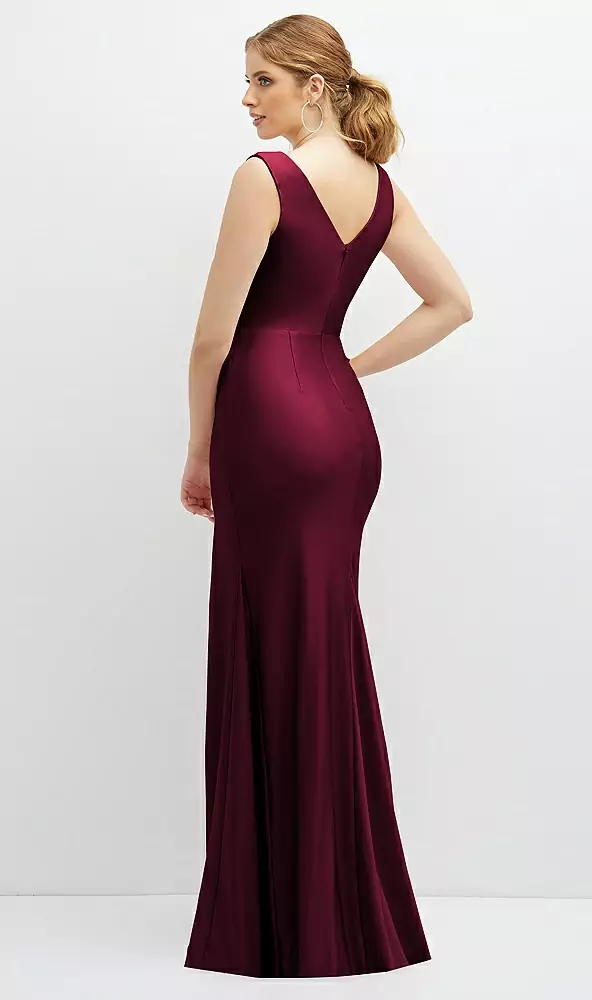 Draped wrap stretch satin mermaid dress with horsehair hem in cabernet