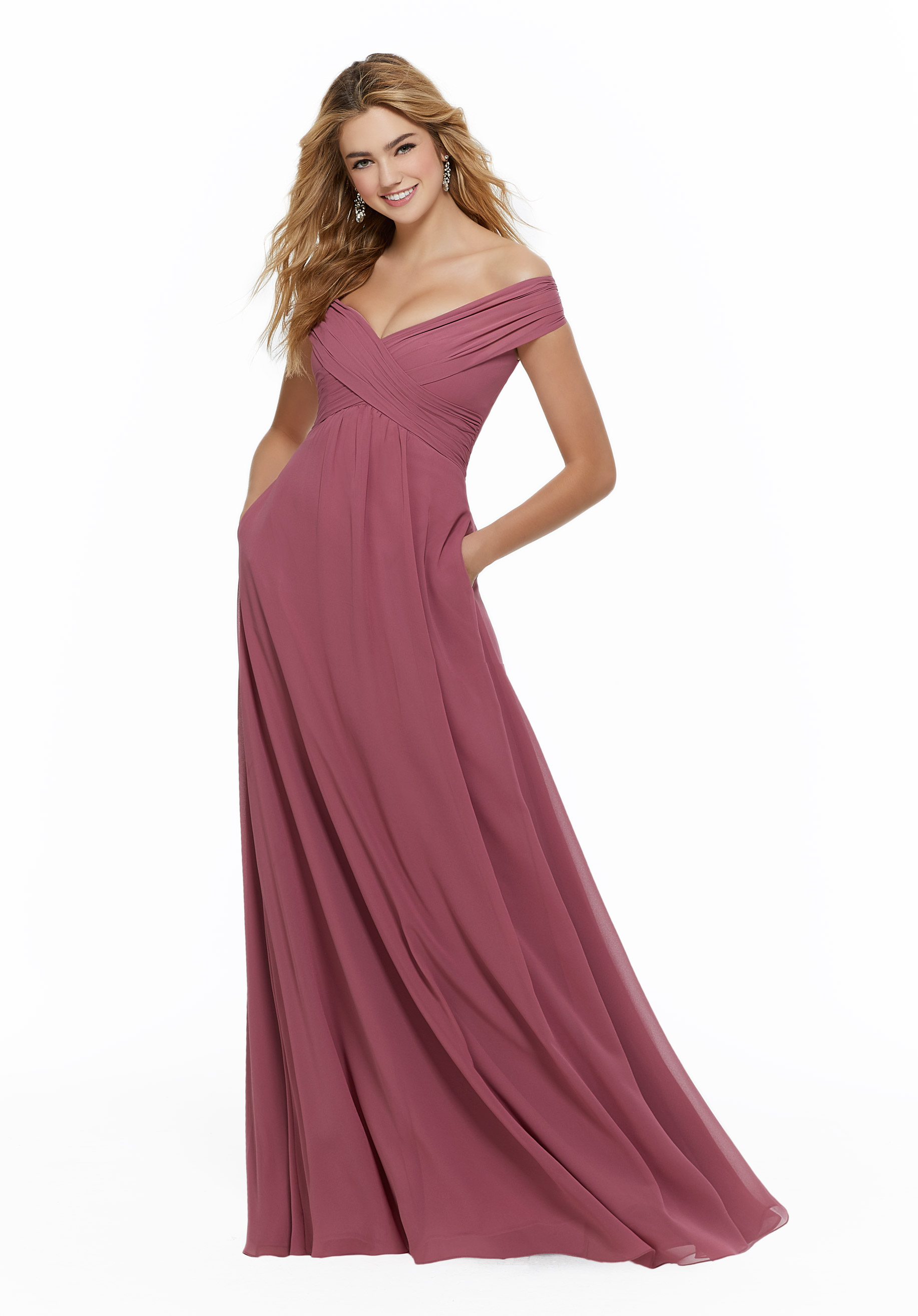 Chiffon Bridesmaid Dress with Classic Off the Shoulder Neckline