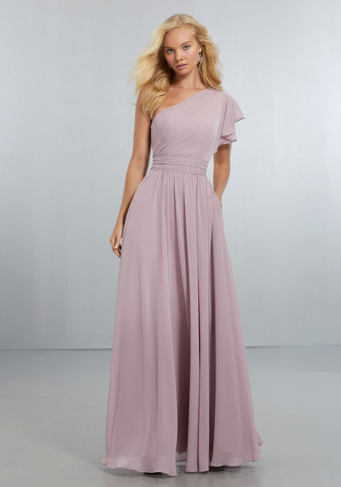 Chiffon Bridesmaids Dress with One Shoulder Flounced Sleeve