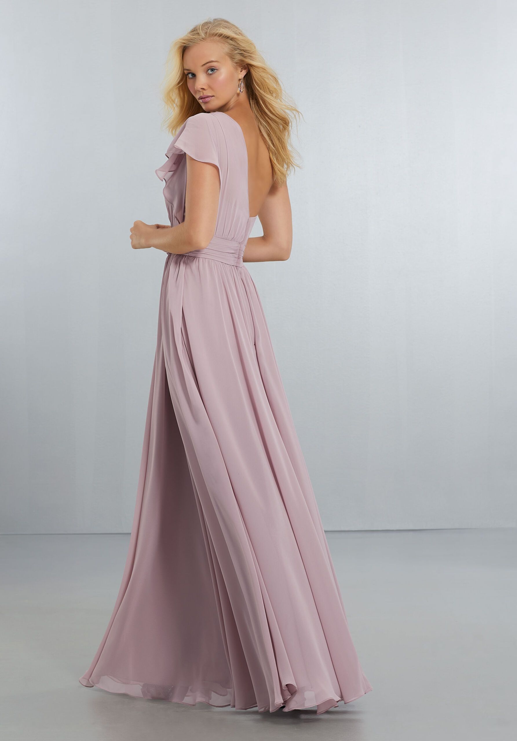 Chiffon Bridesmaids Dress with One Shoulder Flounced Sleeve