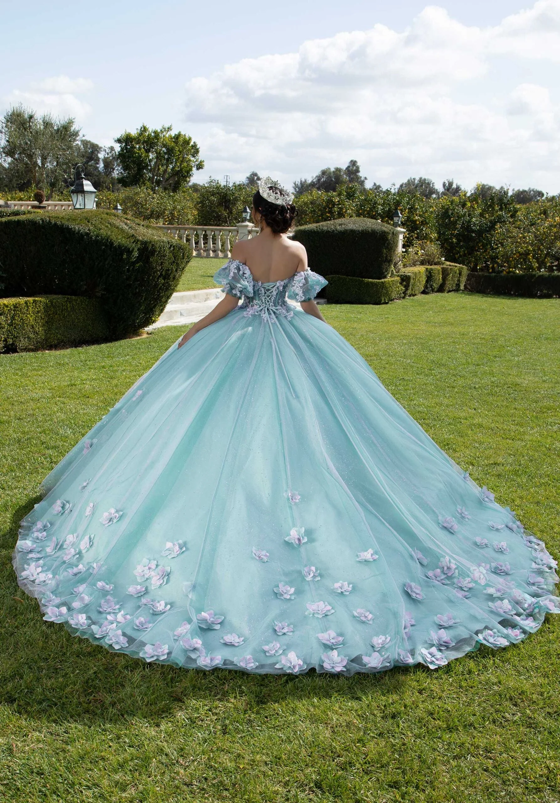 Three-Dimensional Floral Quinceañera Dress with Corset Bodice Style 89421 Size 6 Lavender Moss