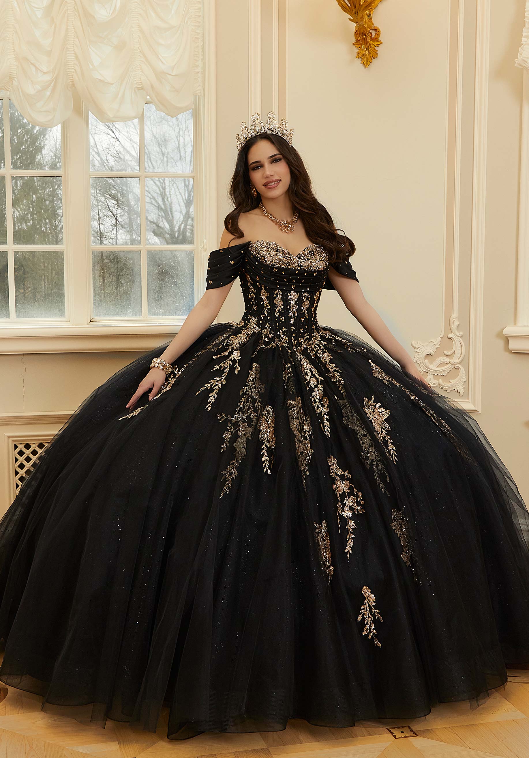 Crystal Beaded Contrasting Glitter Appliquéd Quinceañera Dress with Satin Cowl Style 89481