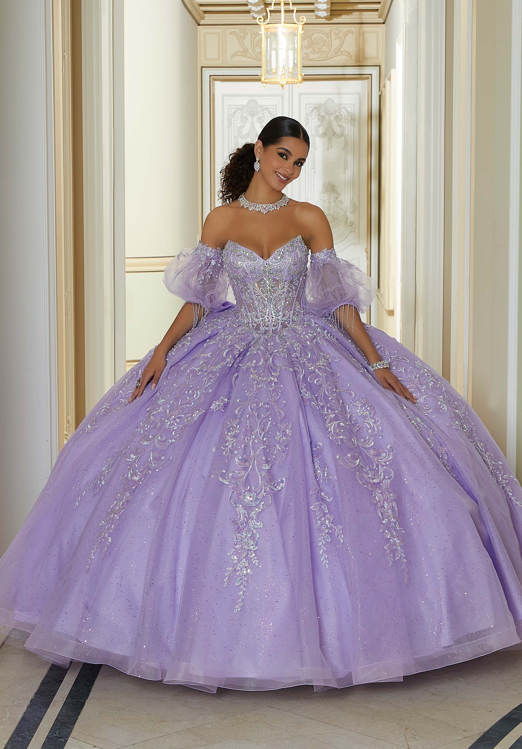 Jewel Beaded and Metallic Embroidered Quinceañera Dress with Petal Train Style 60204 Size 6 Lavender