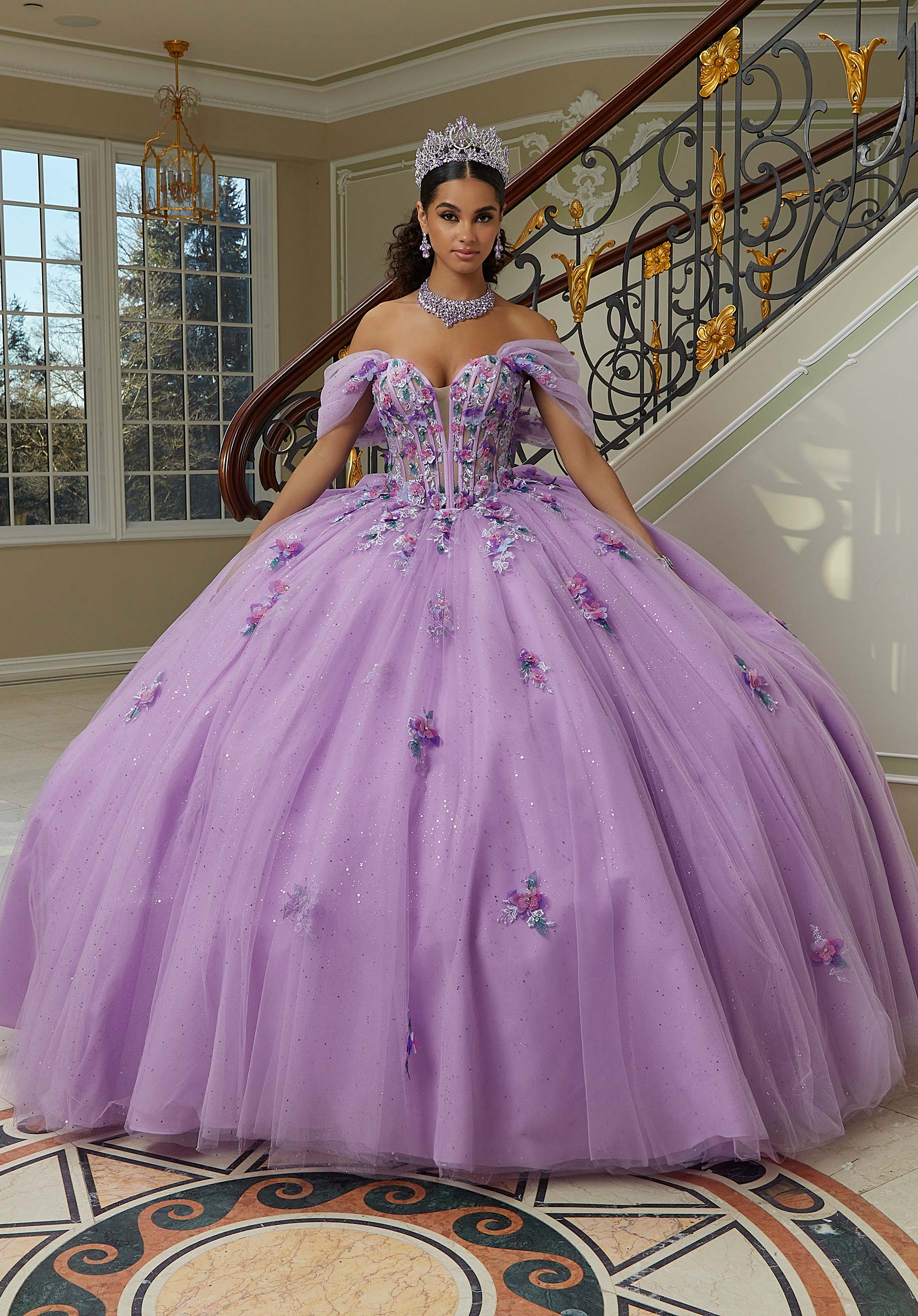 Crystal Beaded Three-Dimensional Floral Embroidered Quinceañera Dress with Sheer Bodice Style 60202 Size 6 Orchid/Multi