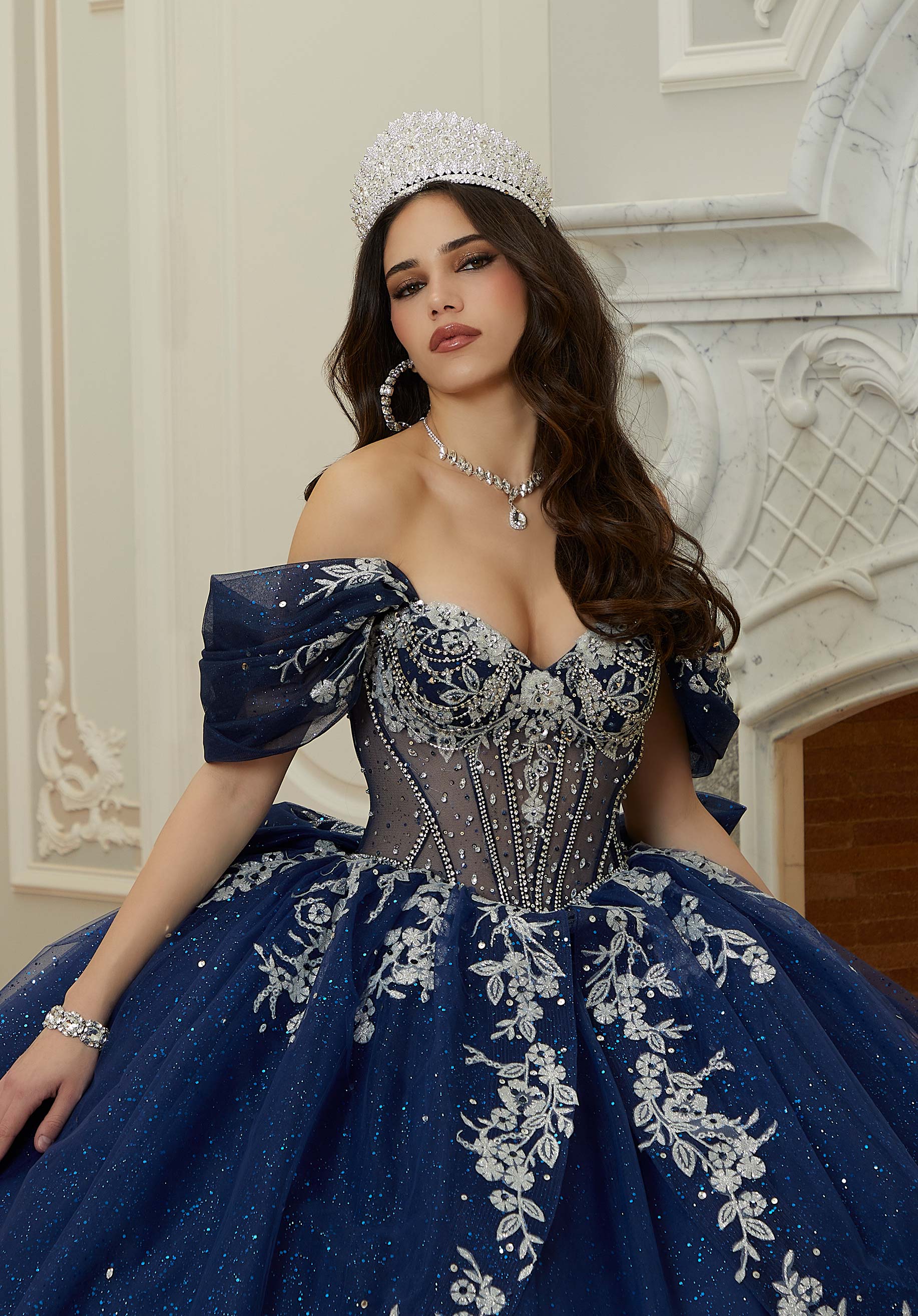 Sheer Chandelier Beaded Floral Glitter Quinceañera Dress Style 89480 Light Blue/Silver size 6