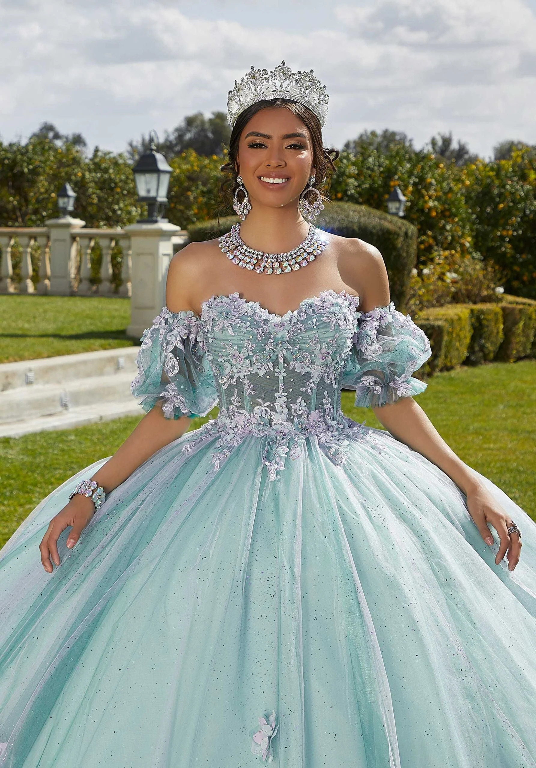 Three-Dimensional Floral Quinceañera Dress with Corset Bodice Style 89421 Size 6 Lavender Moss