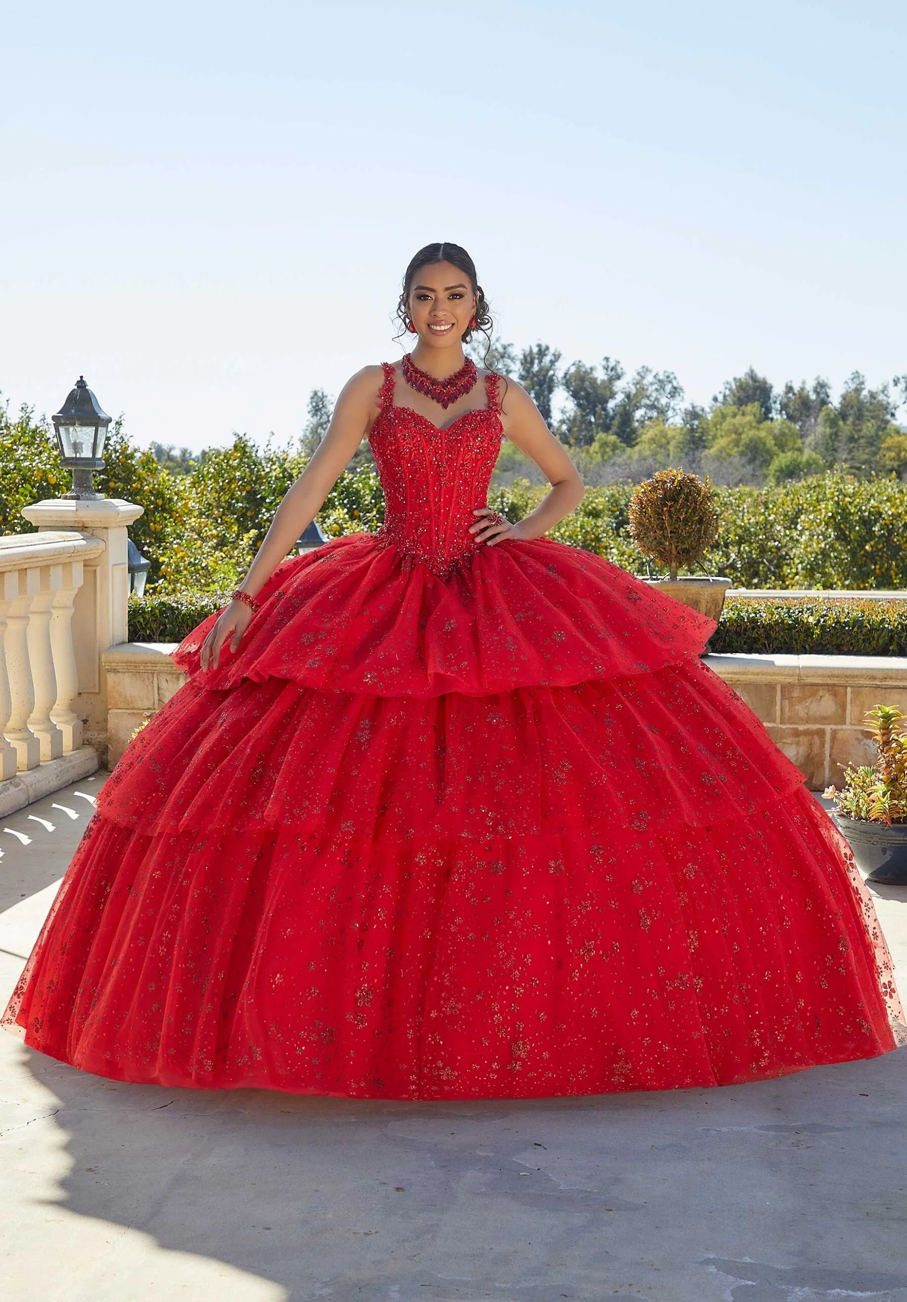 Tiered Printed Glitter Quineañera Dress Style 89428 size 8 Gold