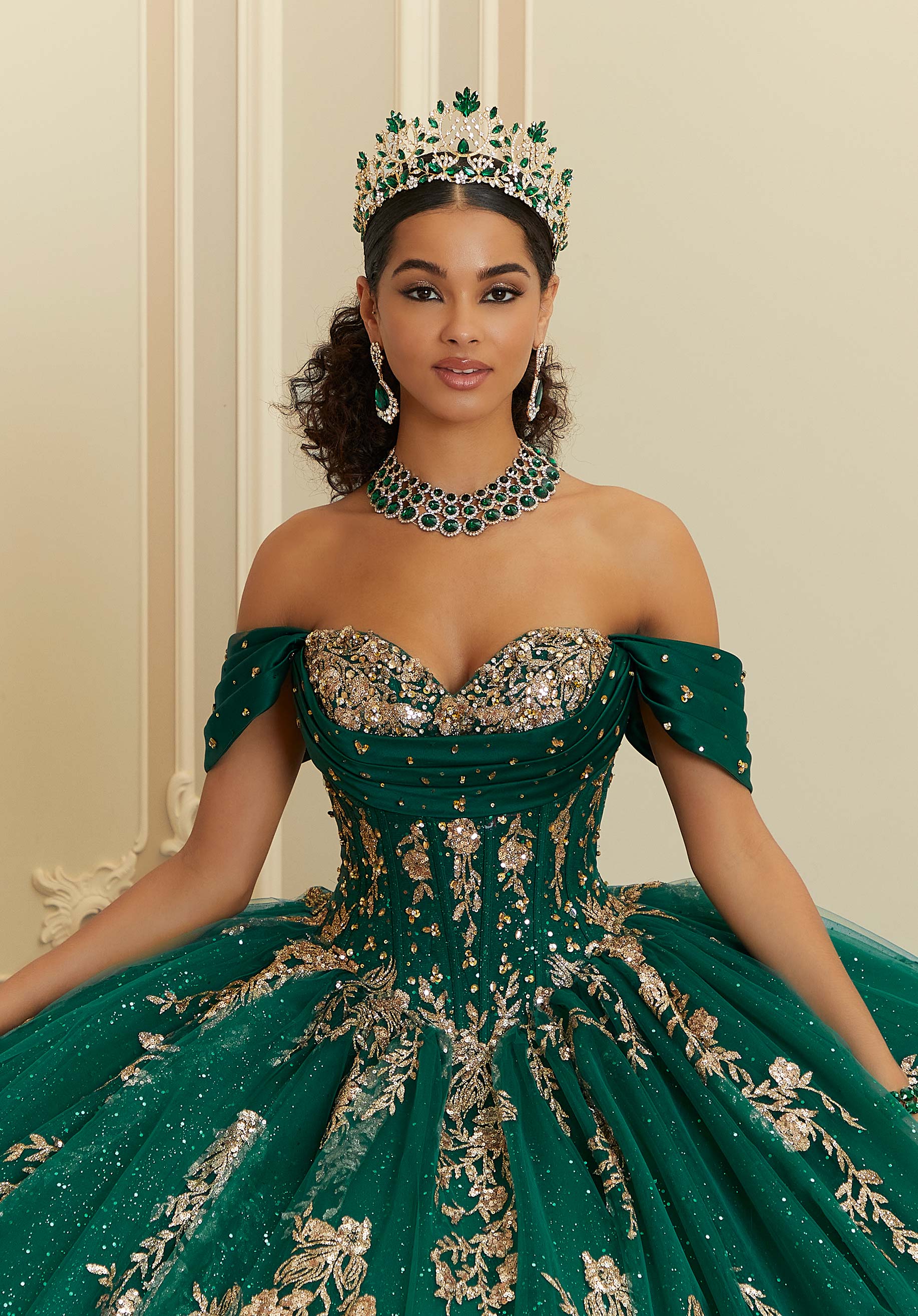 Crystal Beaded Contrasting Glitter Appliquéd Quinceañera Dress with Satin Cowl Style 89481