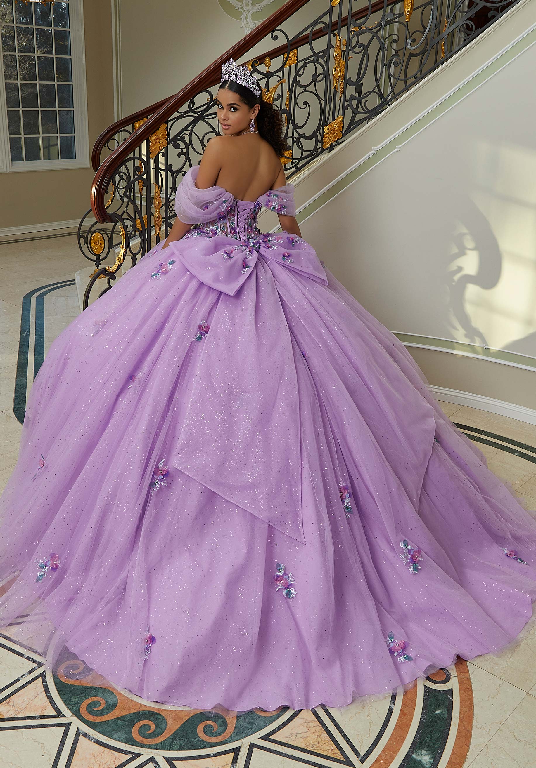 Crystal Beaded Three-Dimensional Floral Embroidered Quinceañera Dress with Sheer Bodice Style 60202 Size 6 Orchid/Multi