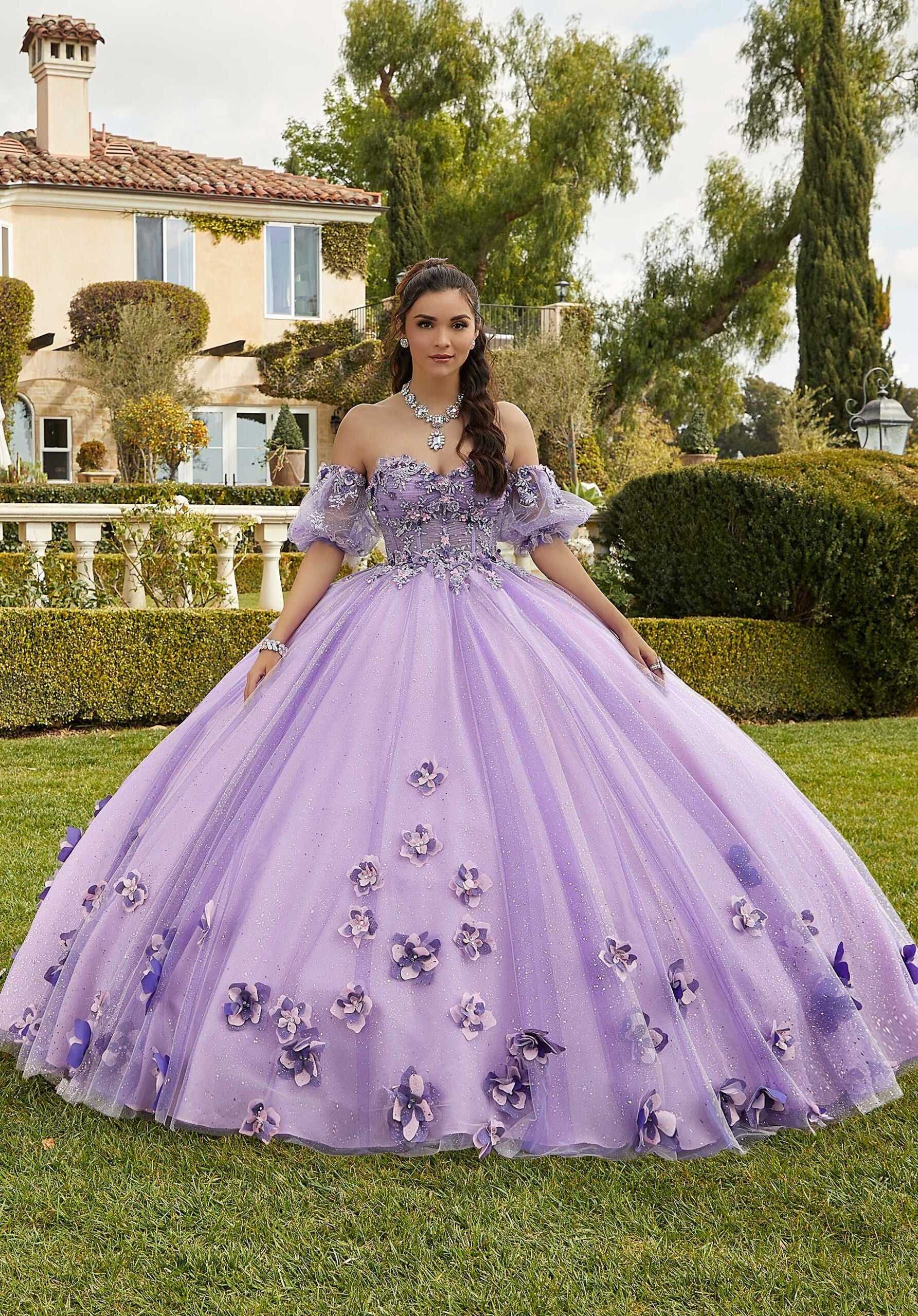 Three-Dimensional Floral Quinceañera Dress with Corset Bodice Style 89421 Size 6 Lavender Moss