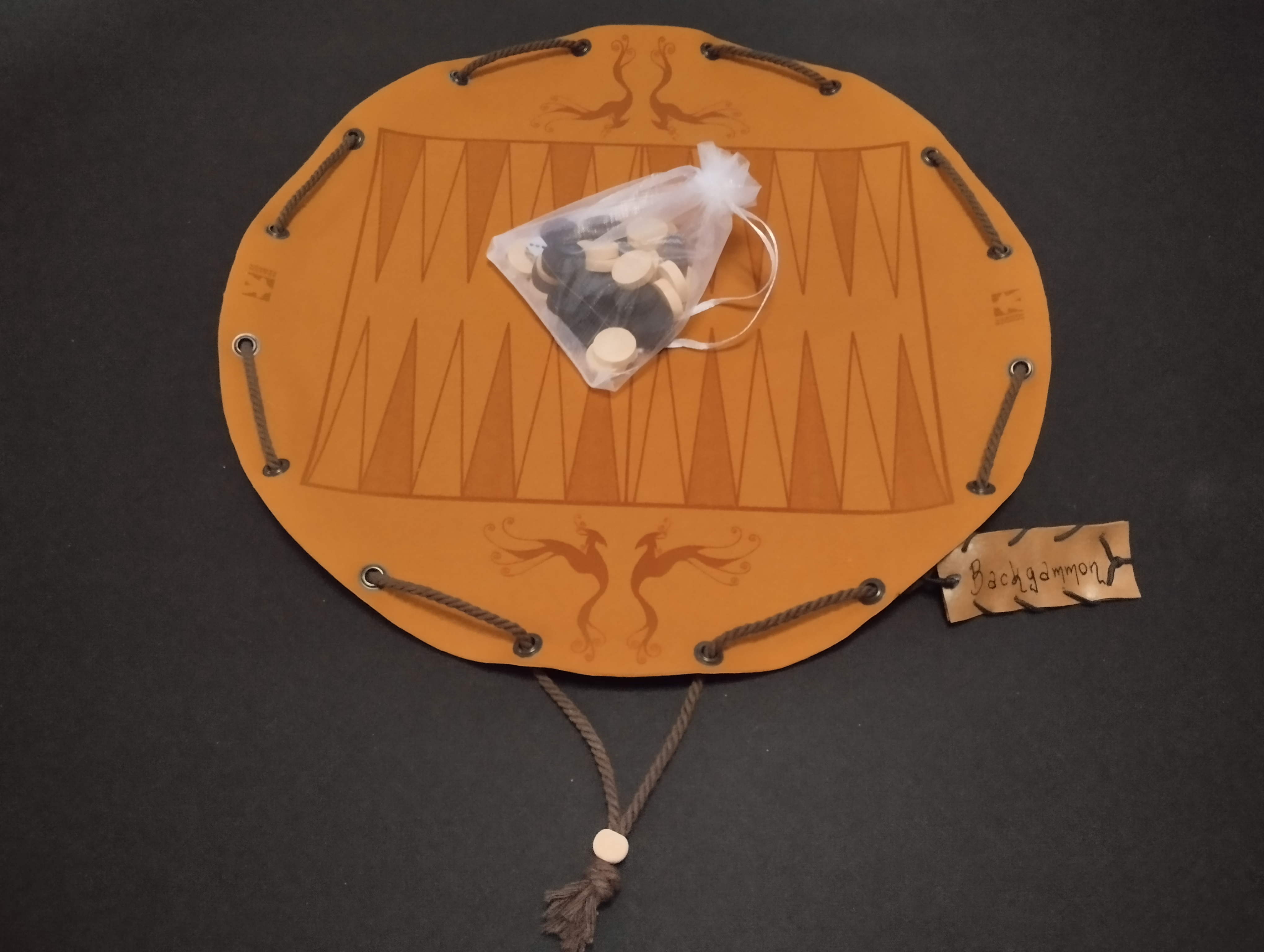 Backgammon traditional historical board game in faux leather pouch, 35cm, 13.78inch diameter