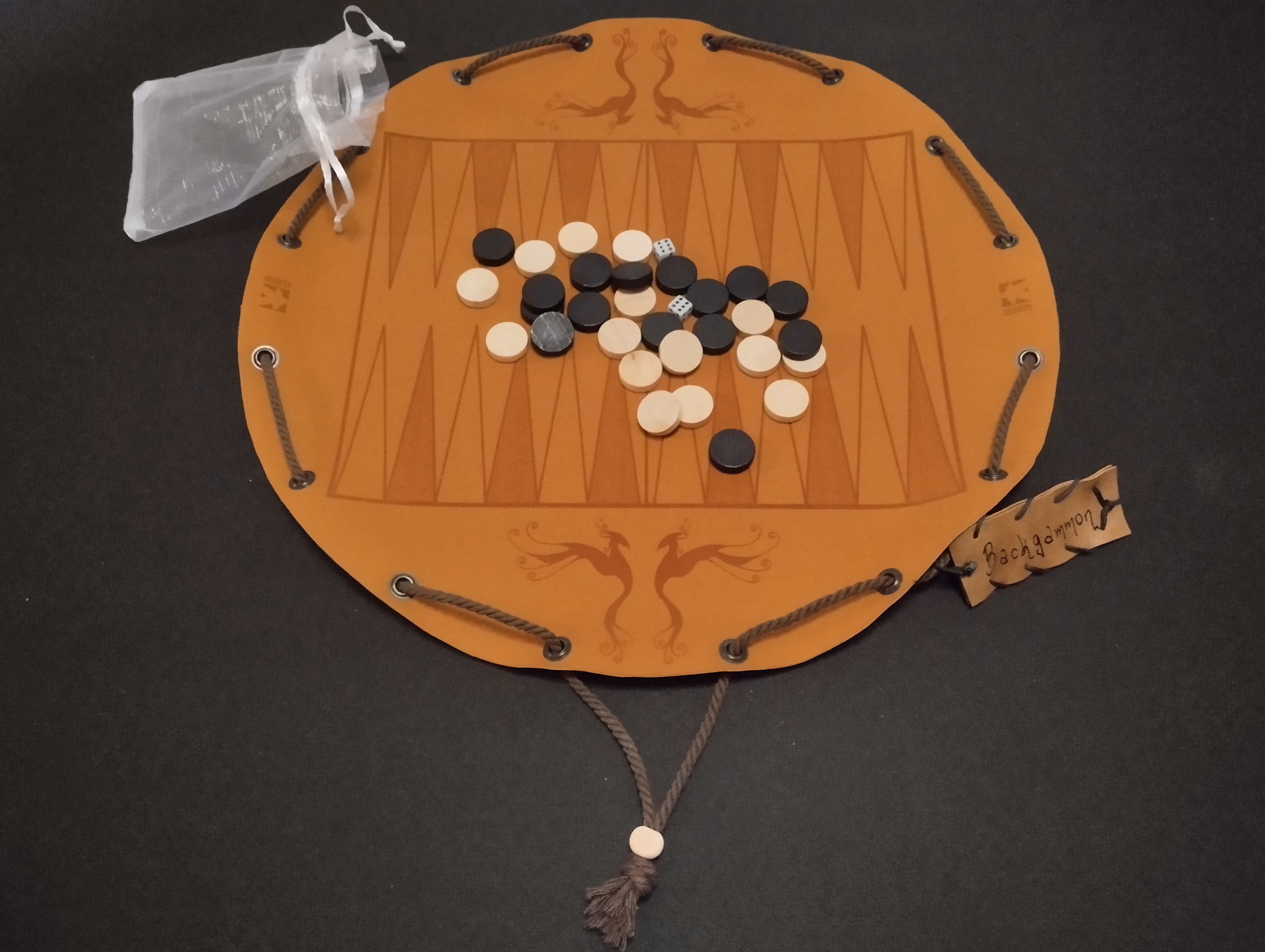Backgammon traditional historical board game in faux leather pouch, 35cm, 13.78inch diameter
