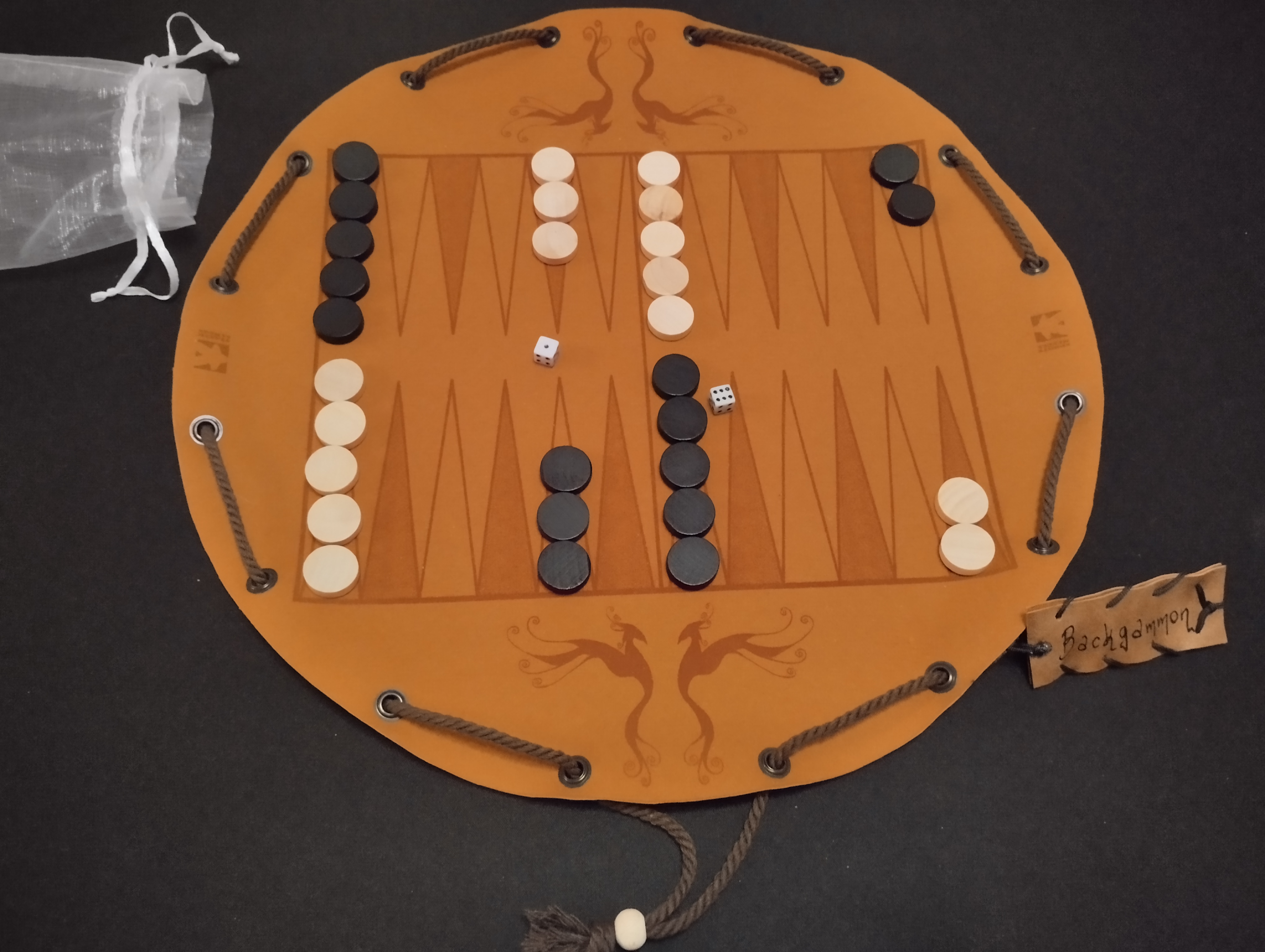 Backgammon traditional historical board game in faux leather pouch, 35cm, 13.78inch diameter