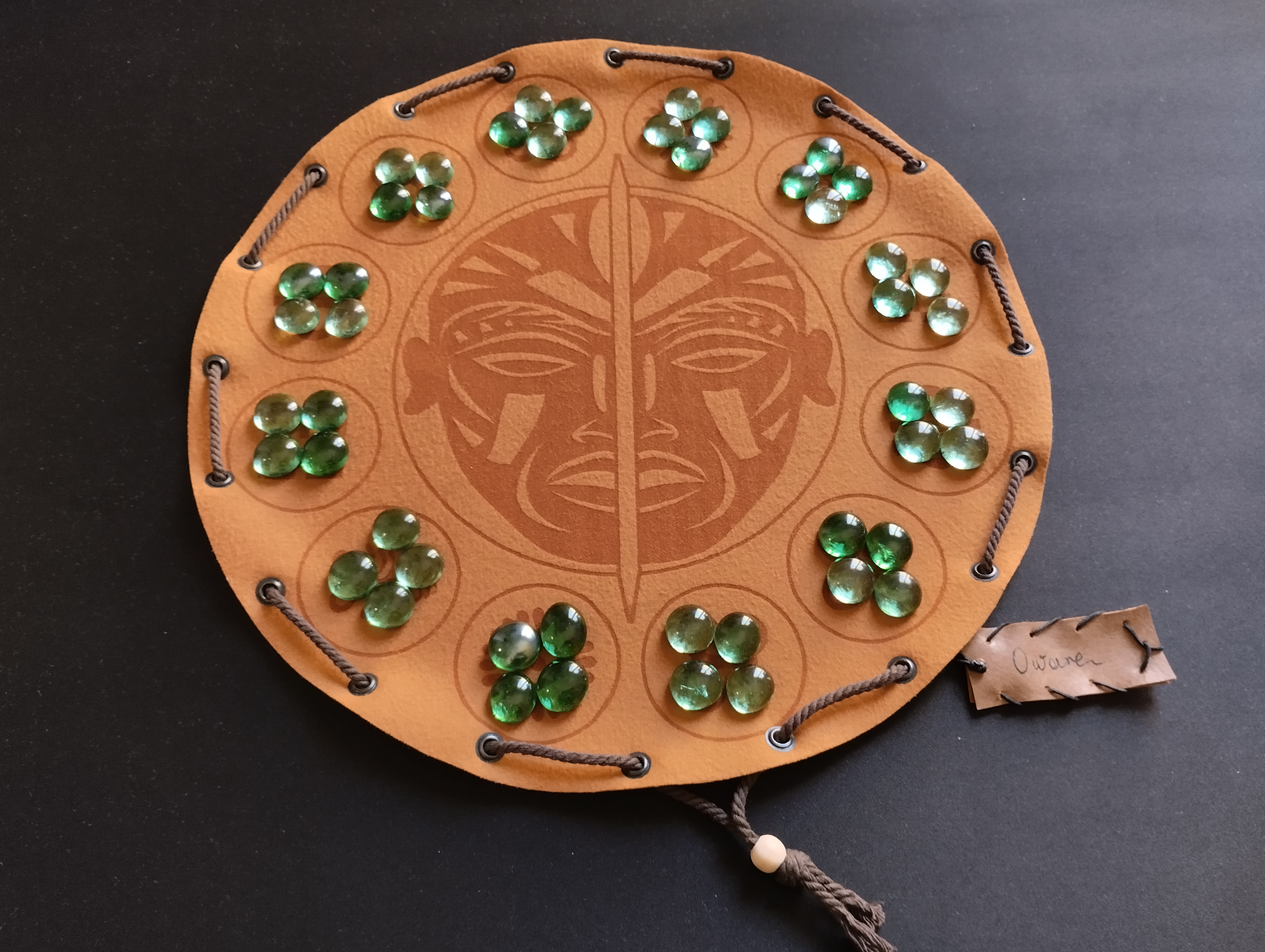Oware ancient african board game in faux leather pouch 35cm, 13.78inch diameter