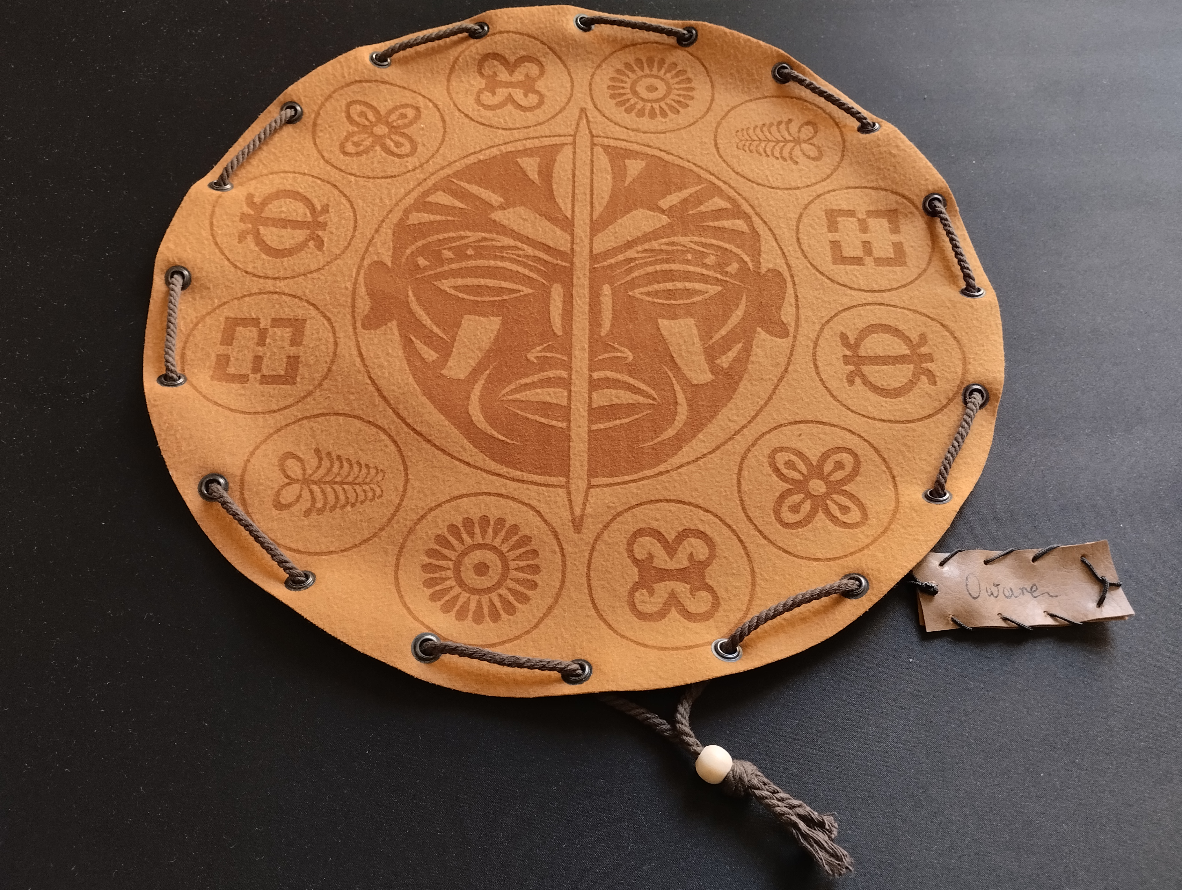 Oware ancient african board game in faux leather pouch 35cm, 13.78inch diameter