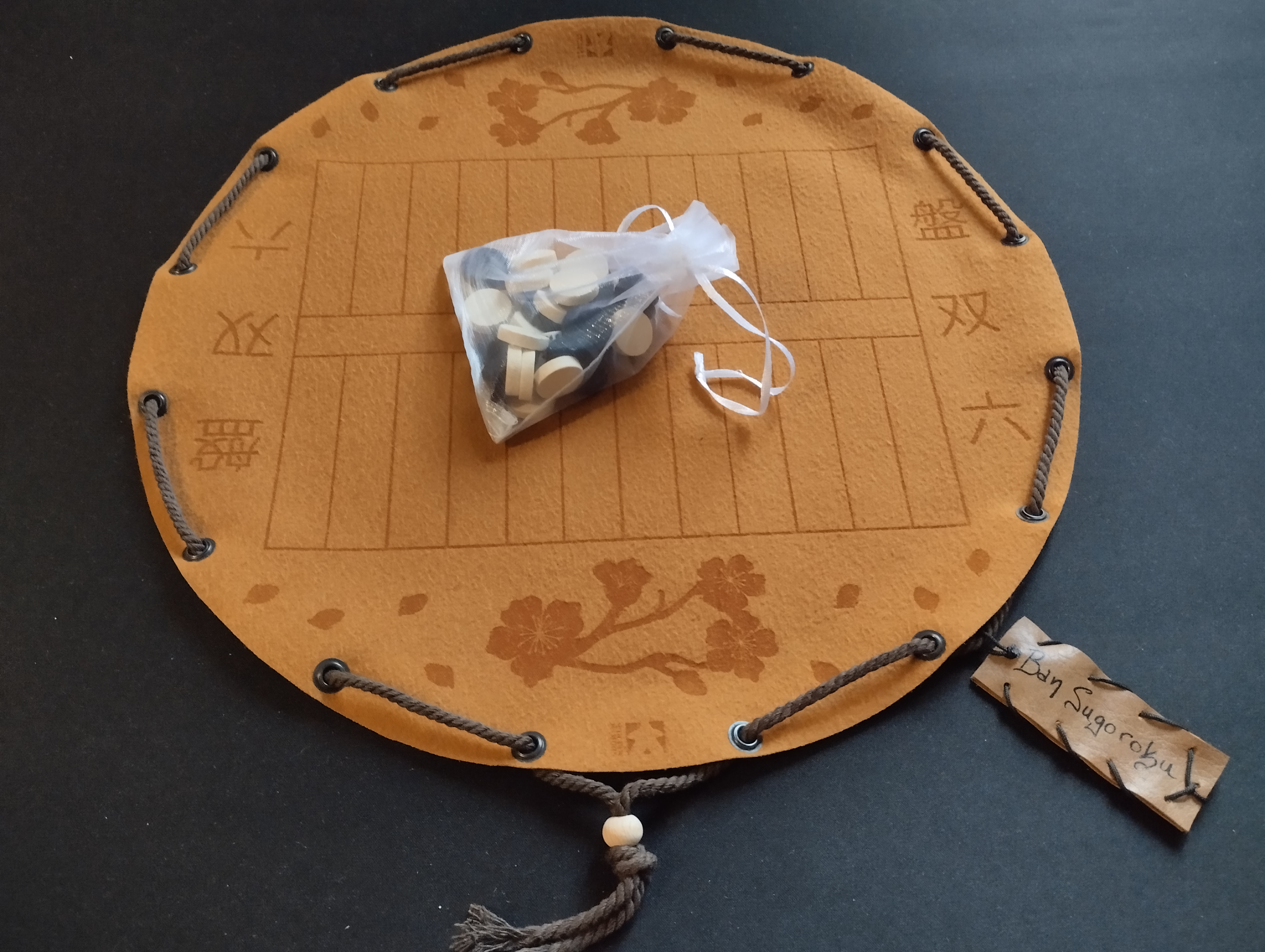 Ban Sugoroku traditional Japanese historical board game in faux leather pouch, 35cm, 13.78inch diameter