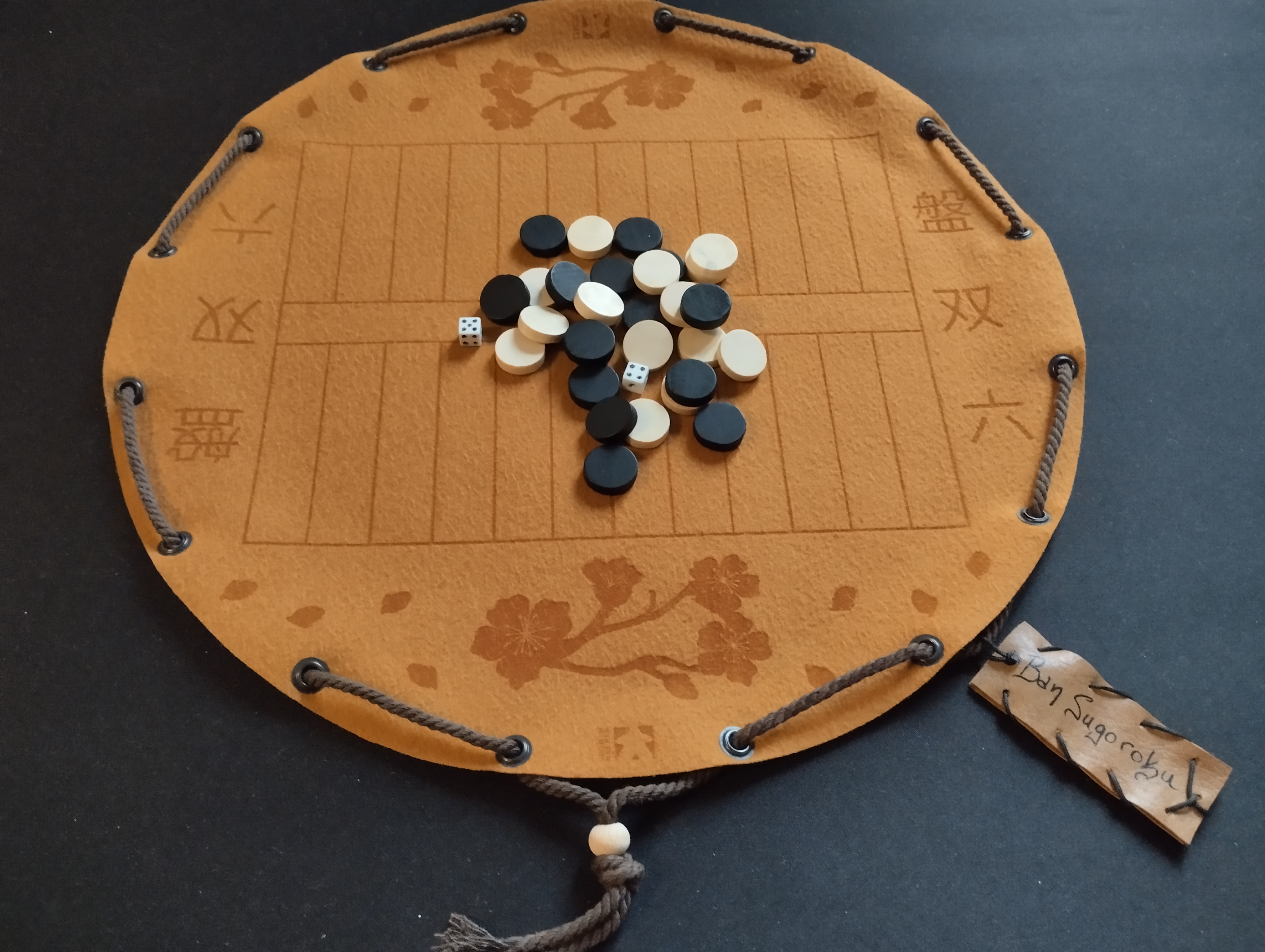 Ban Sugoroku traditional Japanese historical board game in faux leather pouch, 35cm, 13.78inch diameter