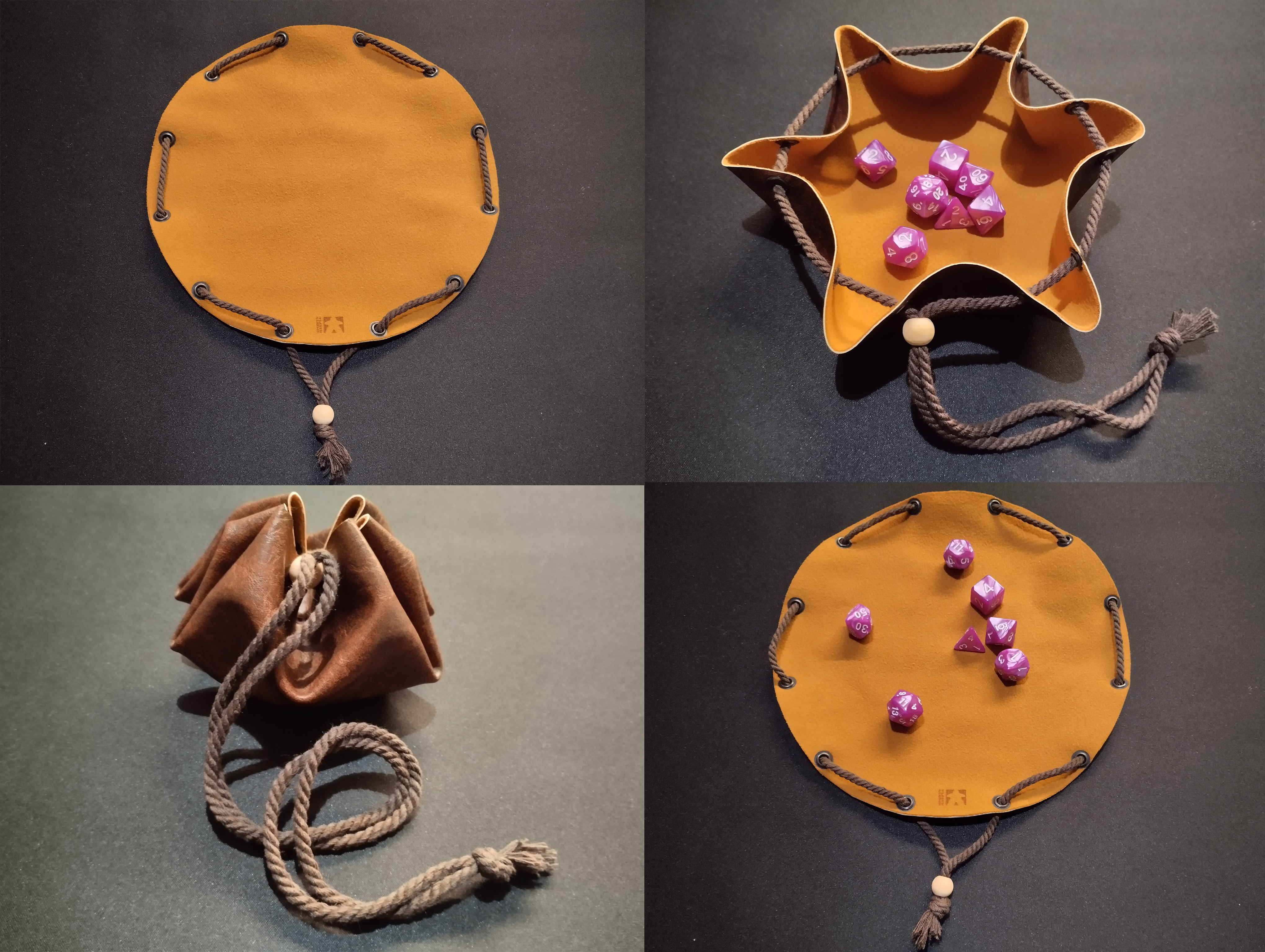 Drawstring leather dice bag pouch & dice tray set of 7 dice dnd rpg d20