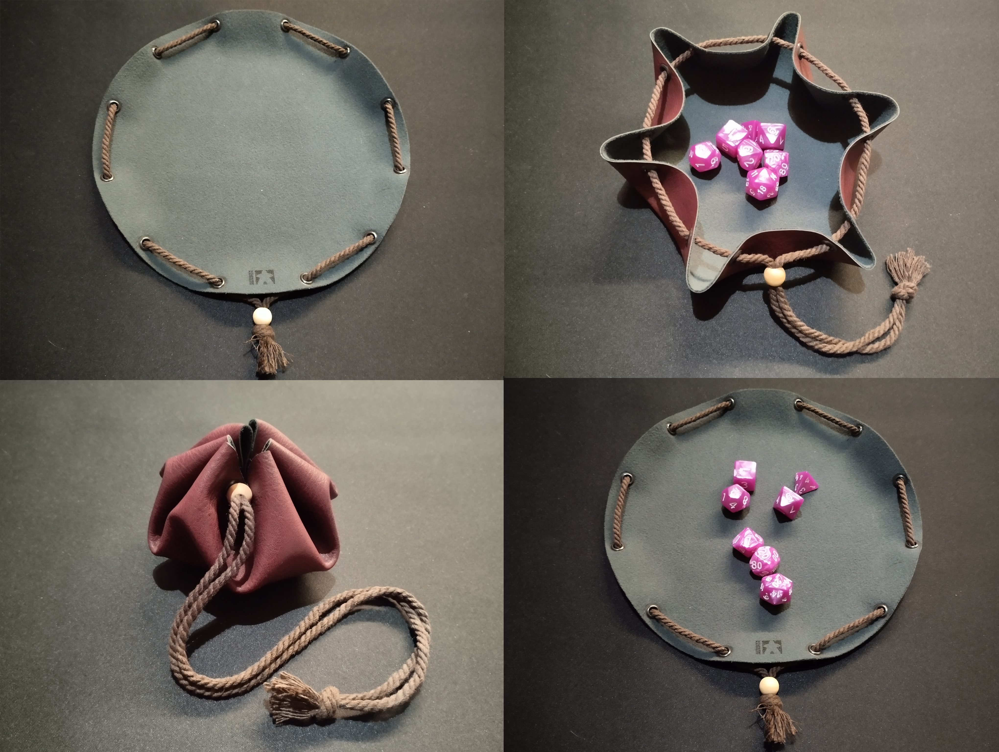 Drawstring leather dice bag pouch & dice tray set of 7 dice dnd rpg d20