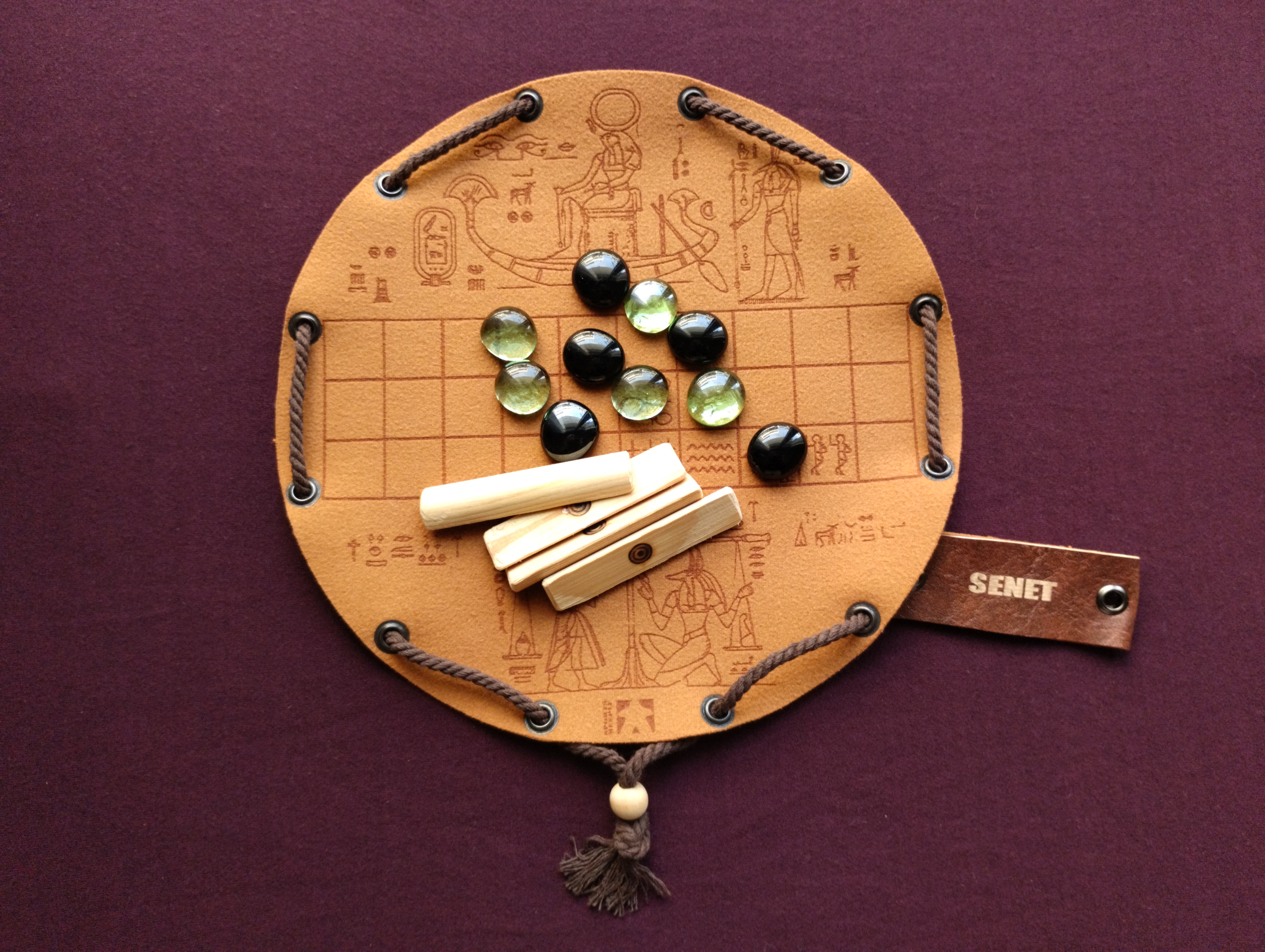 Senet ancient historical egyptian board game in faux leather pouch, portable, LARP, 22.5cm, 8.85inch diameter