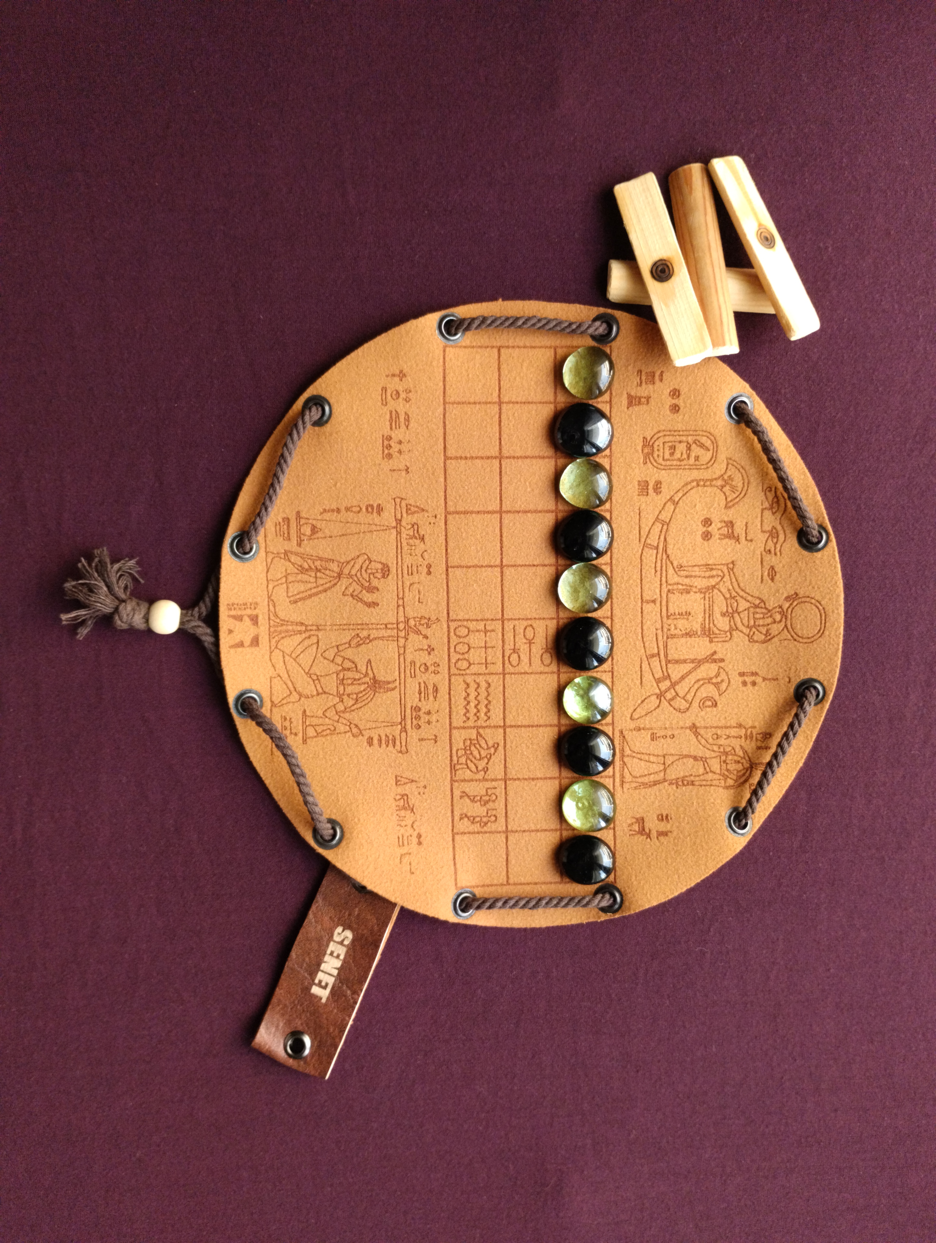 Senet ancient historical egyptian board game in faux leather pouch, portable, LARP, 22.5cm, 8.85inch diameter