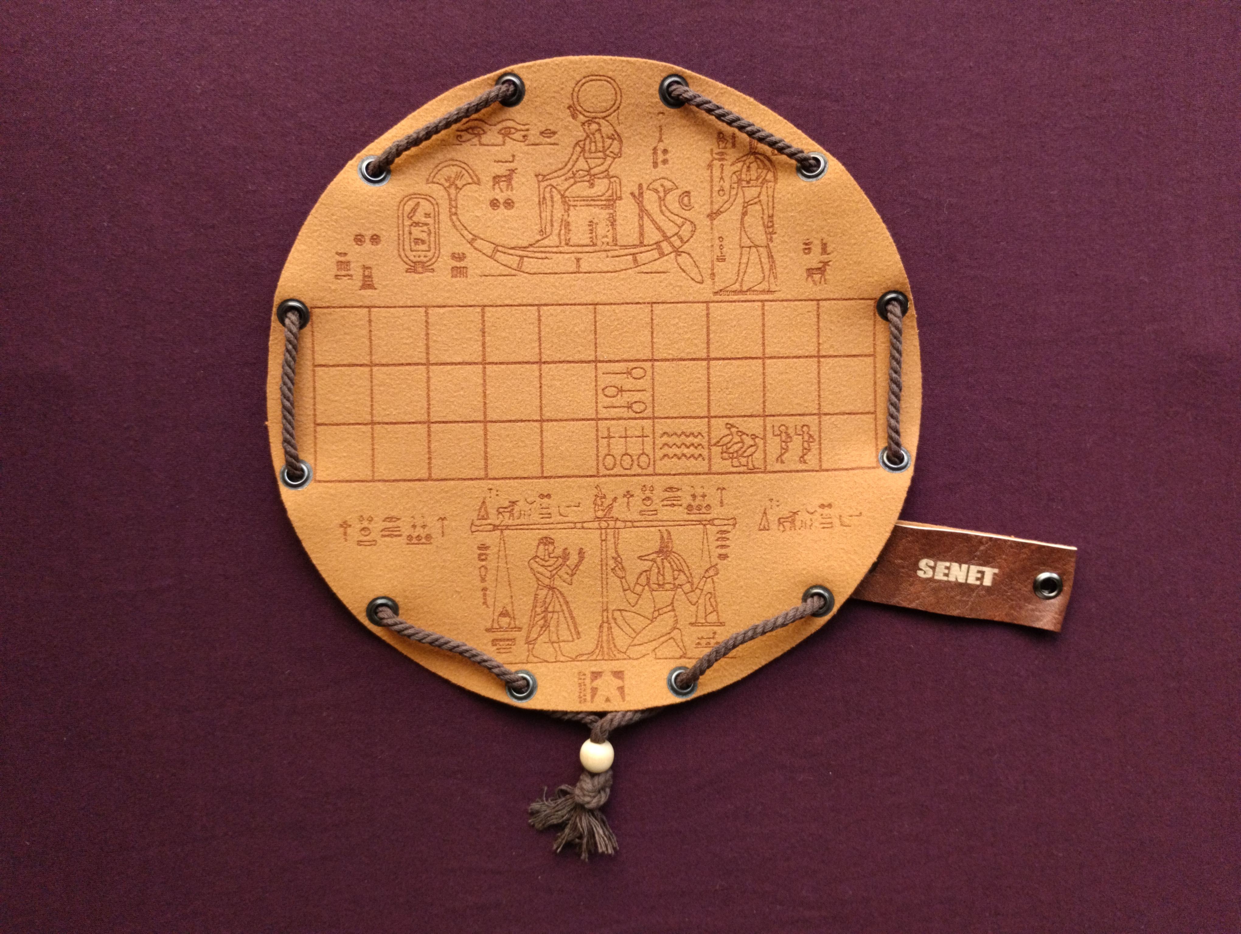 Senet ancient historical egyptian board game in faux leather pouch, portable, LARP, 22.5cm, 8.85inch diameter