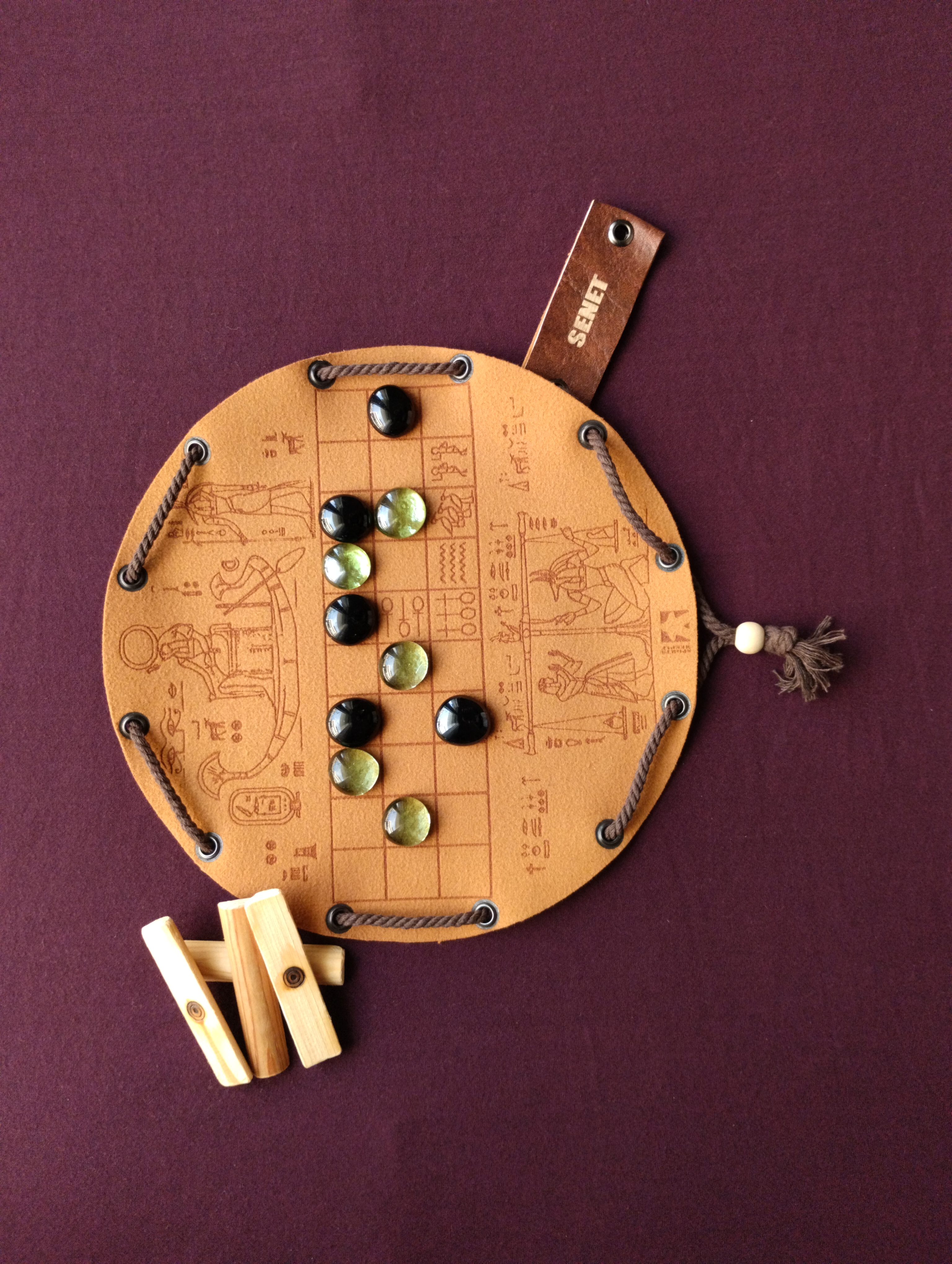 Senet ancient historical egyptian board game in faux leather pouch, portable, LARP, 22.5cm, 8.85inch diameter