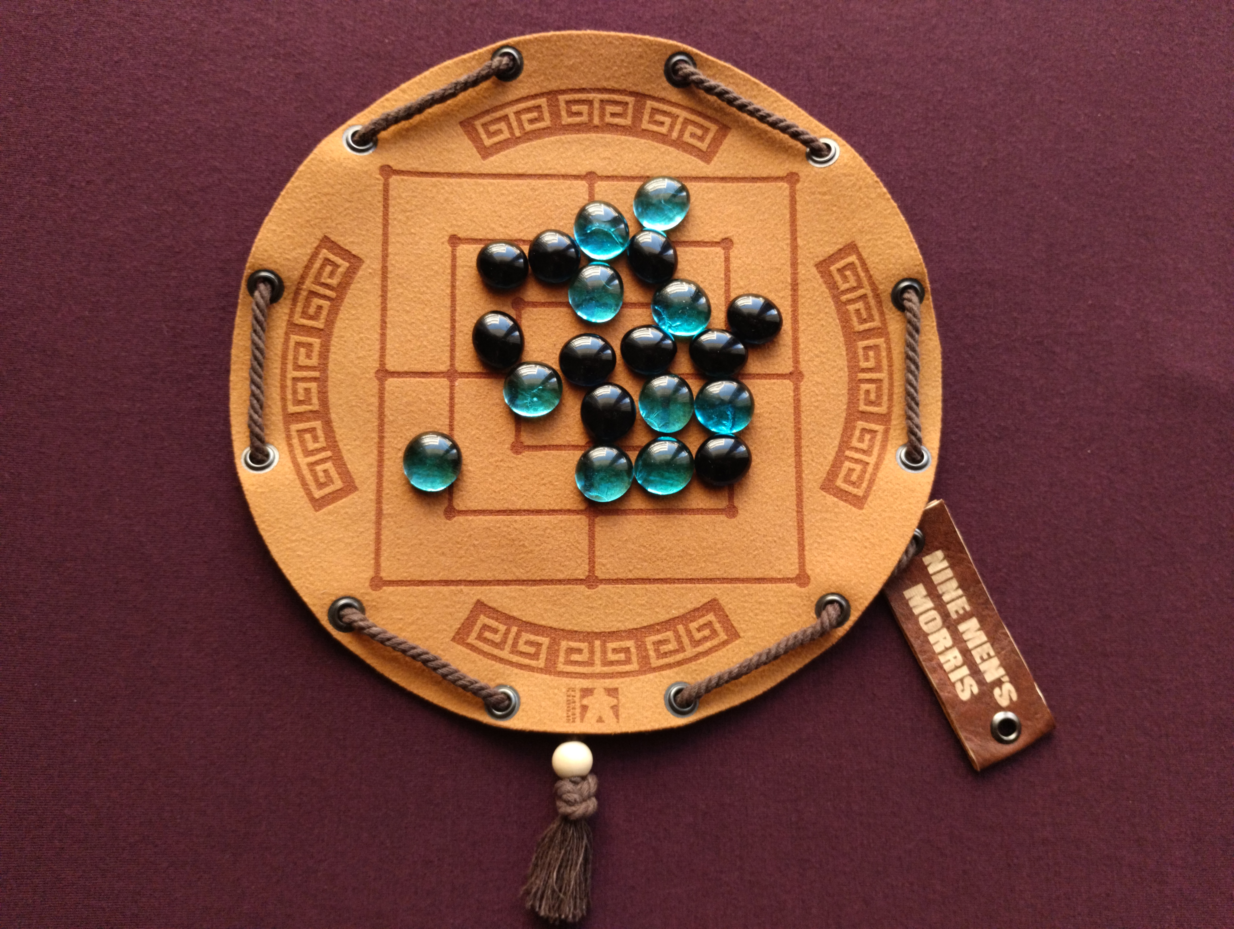 Nine Men's Morris ancient historical roman board game in faux leather pouch, mill, travel, portable, LARP, 22.5cm, 8.85inch diameter