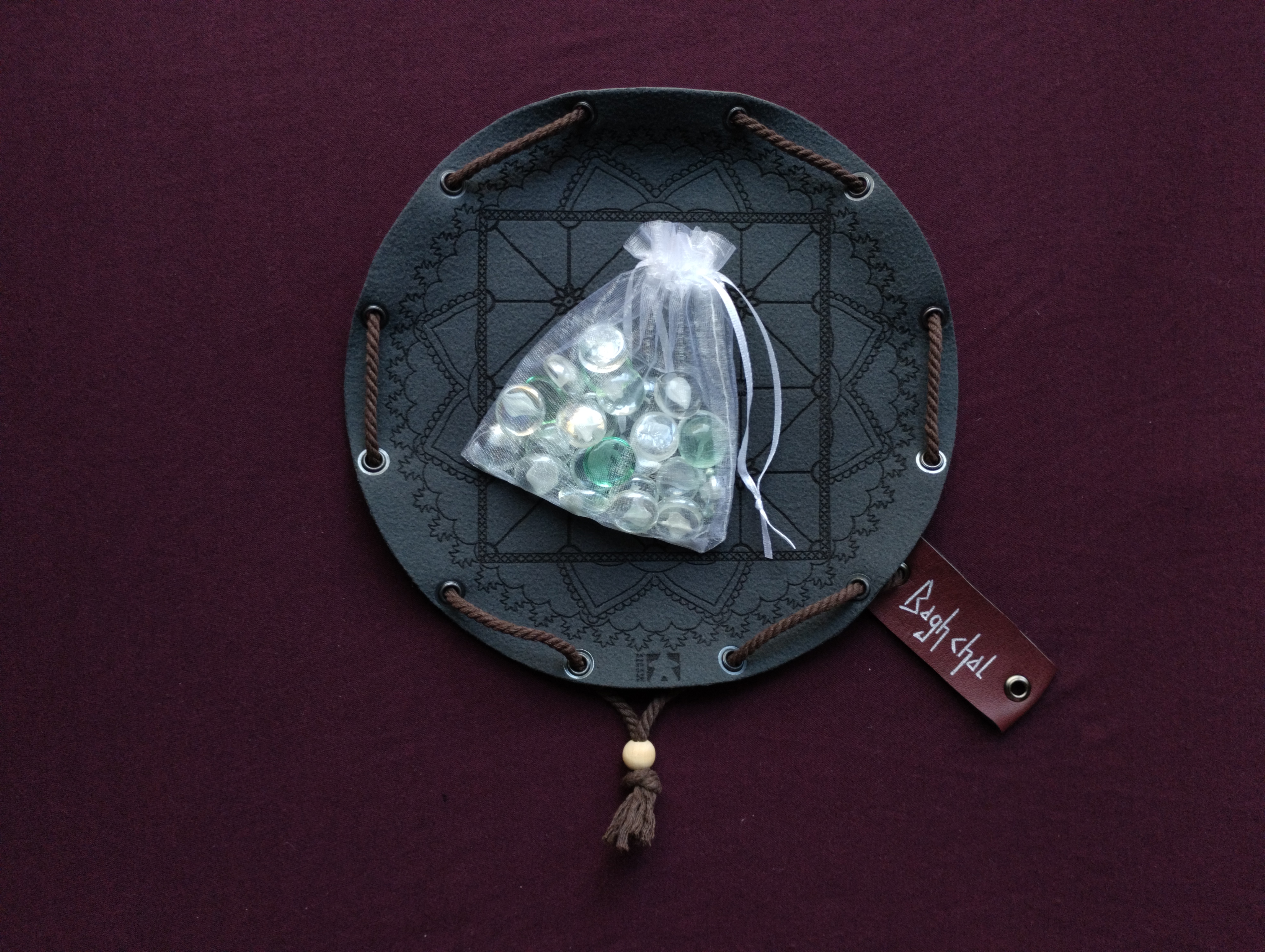 Bagh Chal Tigers and Goats nepalese ancient historic board game in dark green faux leather pouch, 22.5cm, 8.85inch diameter