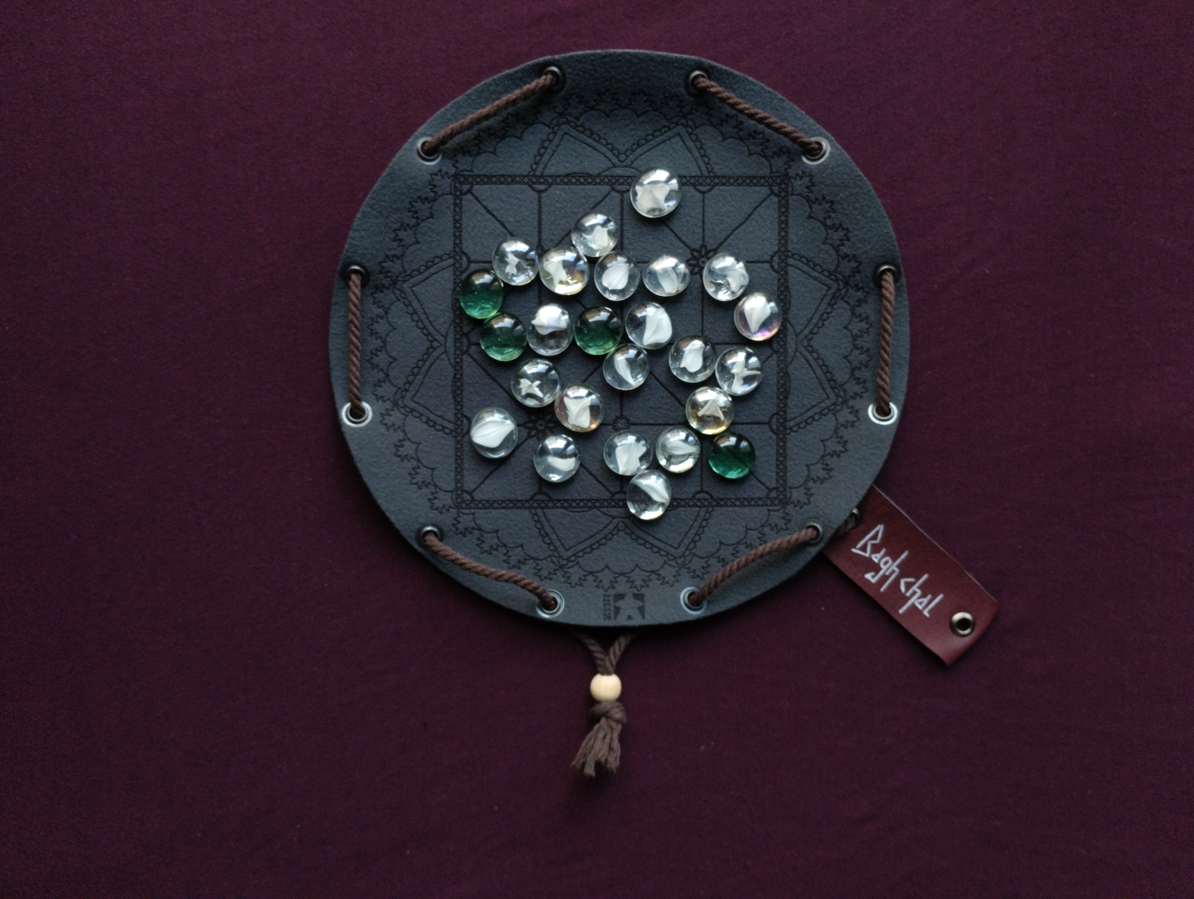 Bagh Chal Tigers and Goats nepalese ancient historic board game in dark green faux leather pouch, 22.5cm, 8.85inch diameter