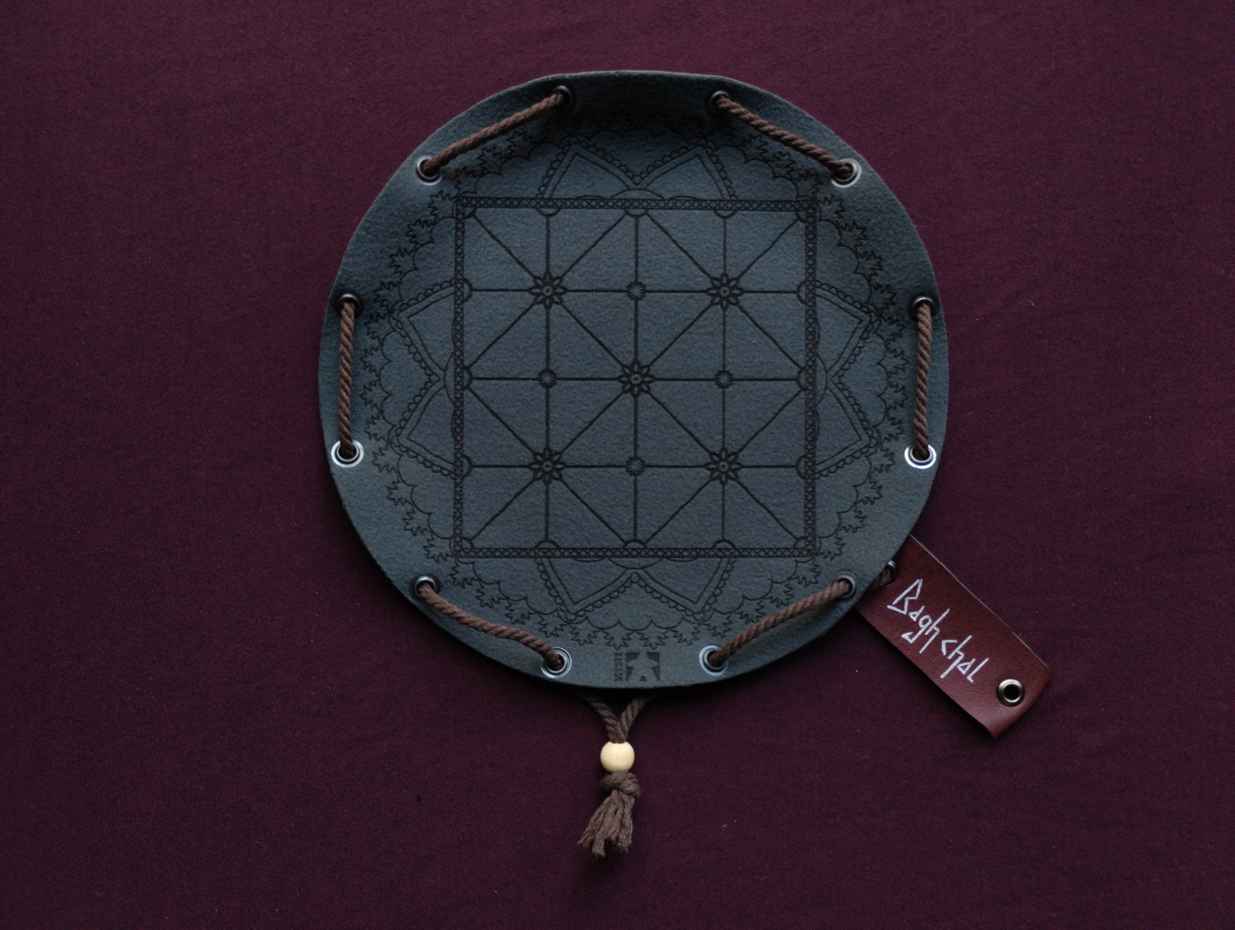 Bagh Chal Tigers and Goats nepalese ancient historic board game in dark green faux leather pouch, 22.5cm, 8.85inch diameter