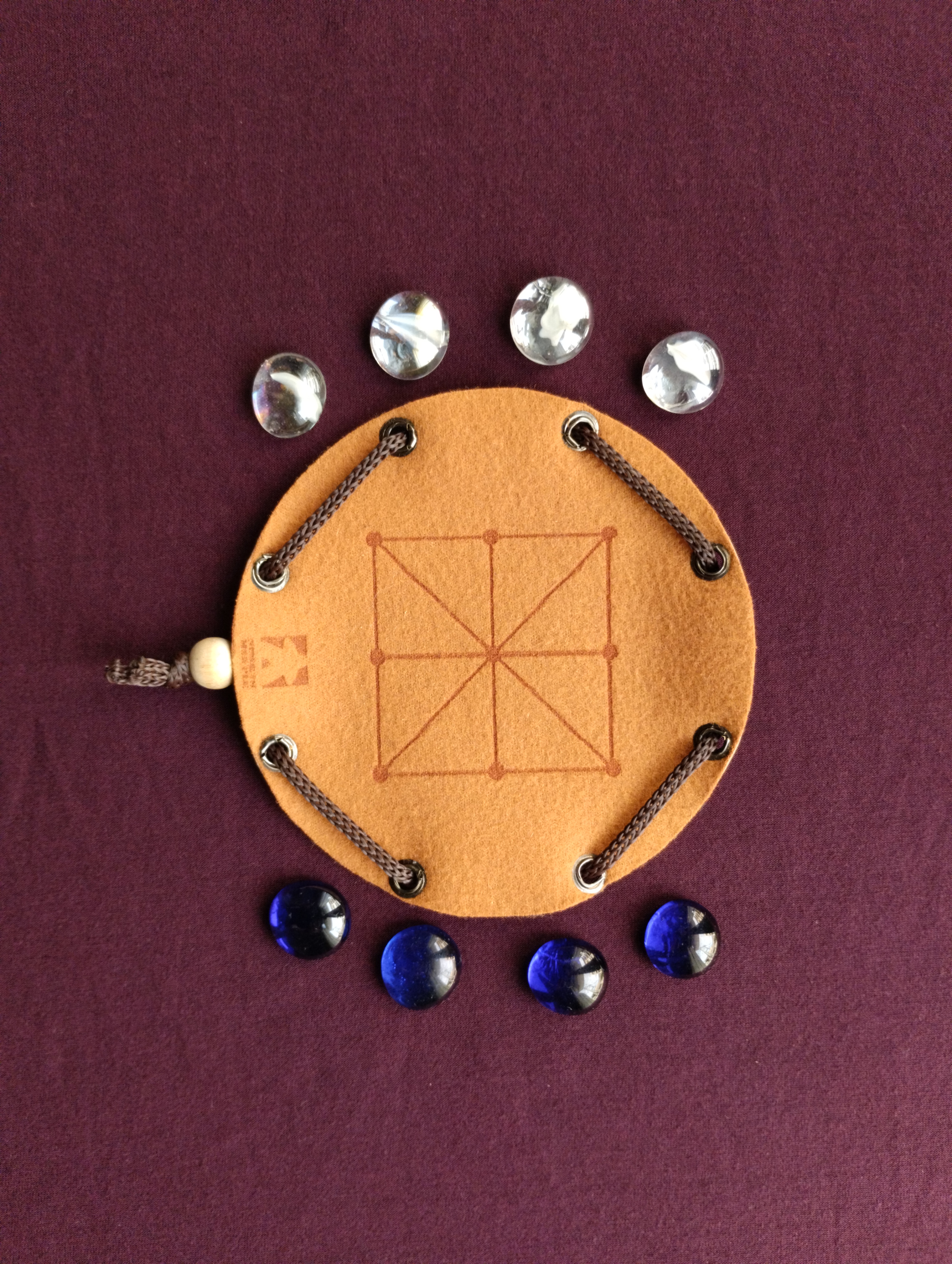 Achi Tapatan Ghana board game in faux leather pouch, 12cm, 4.72inch diameter