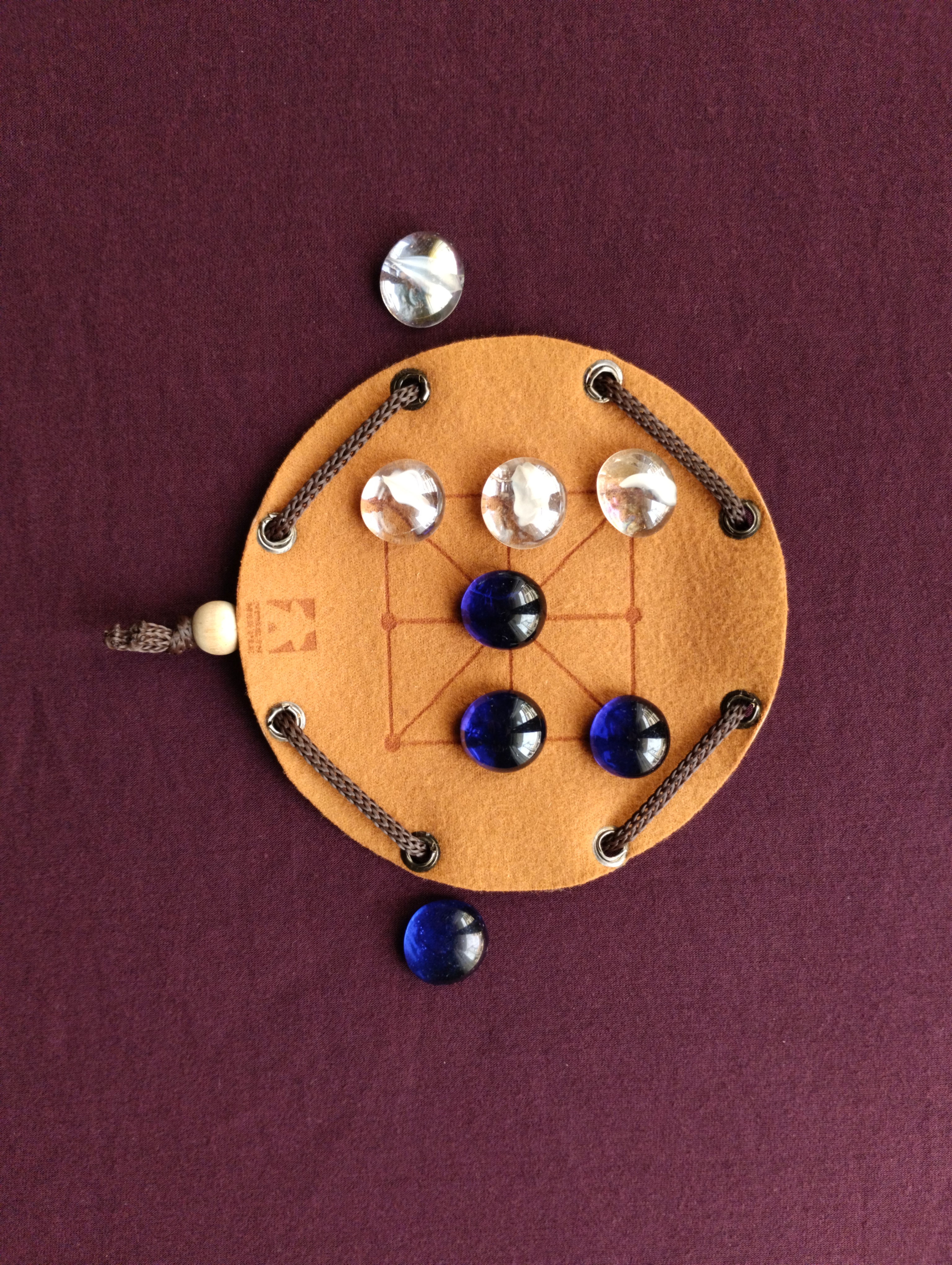 Achi Tapatan Ghana board game in faux leather pouch, 12cm, 4.72inch diameter