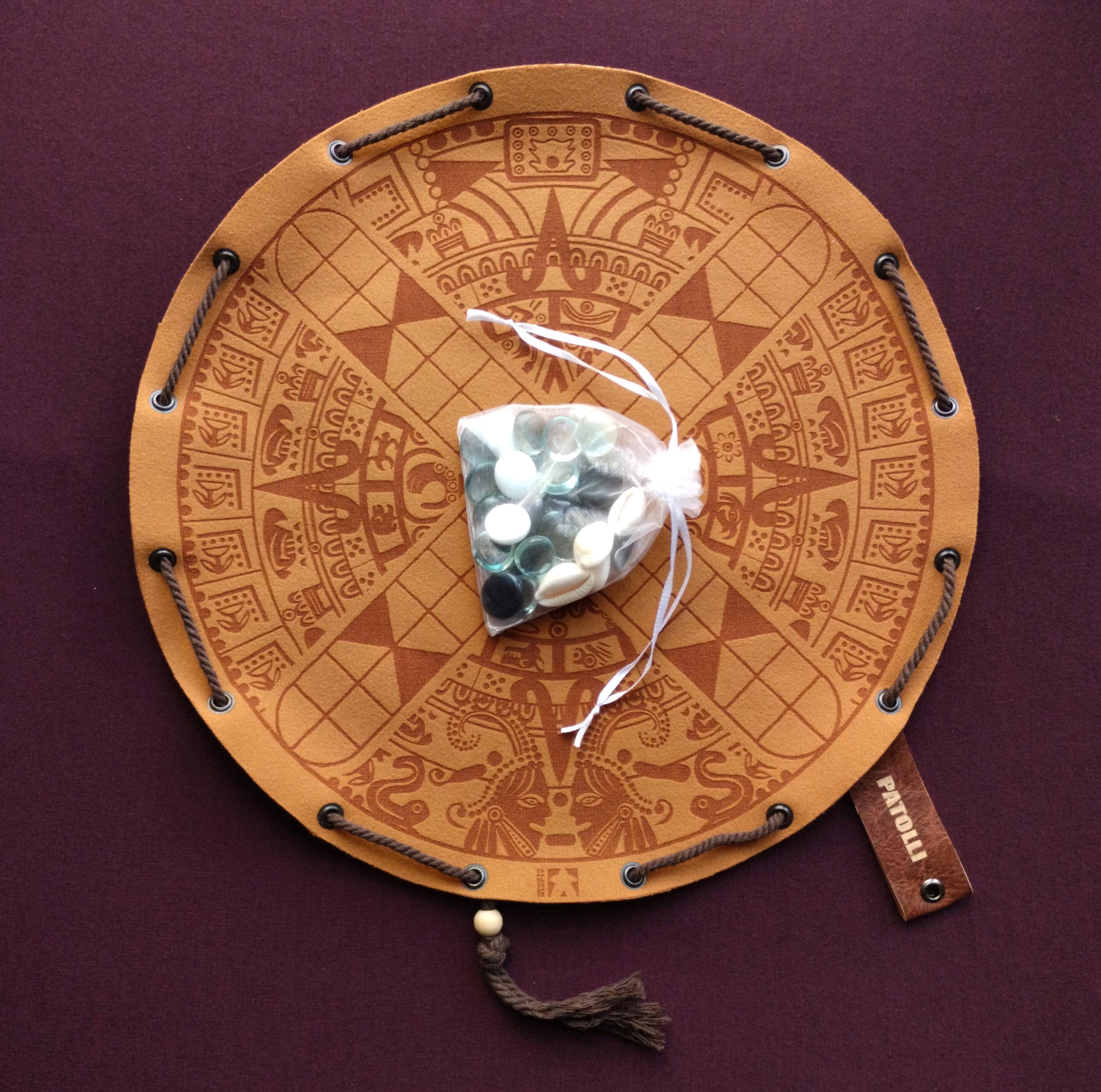 Patolli ancient Mayan historical board game in faux leather pouch, 35cm, 13.78inch diameter